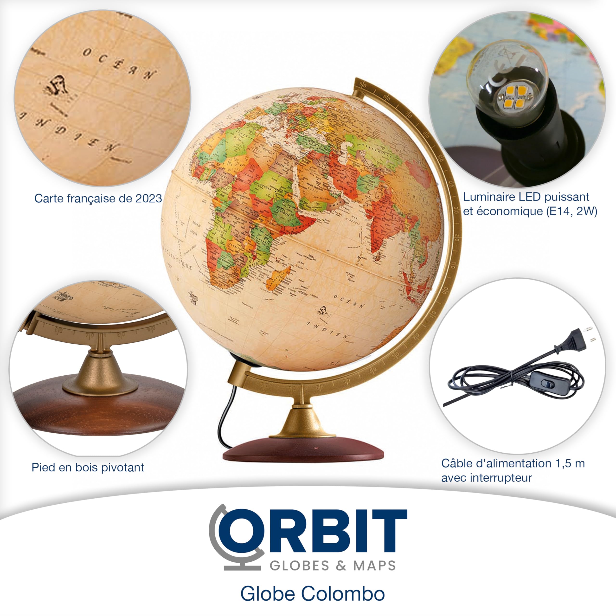 ORBIT Globes & Maps - Globe lumineux rétro dans le style antique - globe vintage de 30cm avec pied stable, image de carte 2023 physique/politique avec lampe LED, image de carte française actuelle