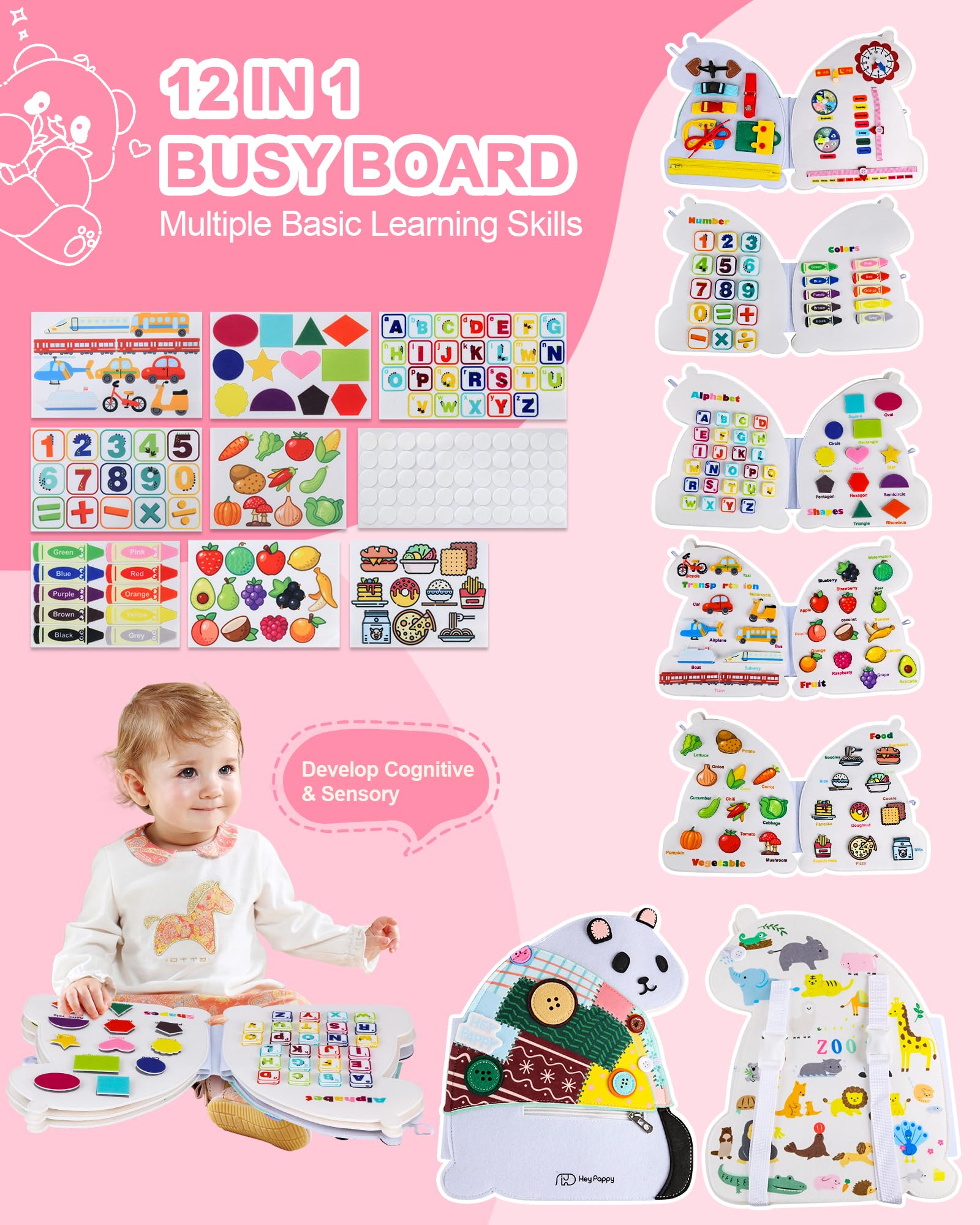 Heypappy Busy Board,12 in 1 Montessori Busy Board Feltro,Montessori Didattici Libro Sensoriale Educativo, Giocattolo per Abilità Motorie con Cintura Zaino Regalo Bambino Compleanno Natale