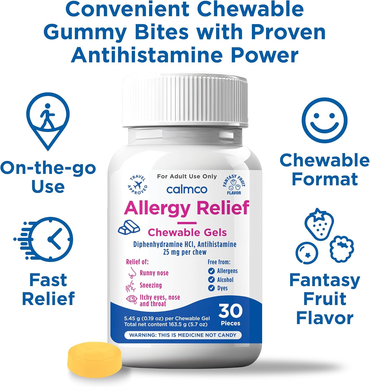 CalmCo Adult Allergy Relief with Diphenhydramine HCl 25 mg - Chewable Antihistamine for Sneezing, Runny Nose & Itchy Eyes, Nighttime Allergy Medicine for Ages 12+, Fantasy Fruit Flavor, 30 Count - Image 2