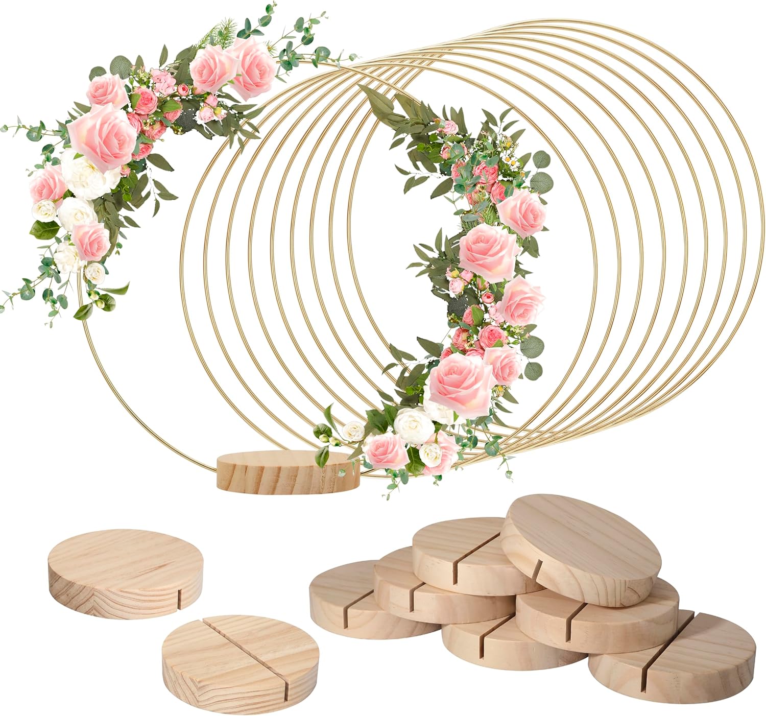 Worown 10 Pack 12 Inch Metal Floral Hoop Centerpieces, Gold Metal Floral Hoop, Including 10 Pcs Round Wooden Display Stand for Making Wedding Table Wreaths, Wall Hanging Crafts