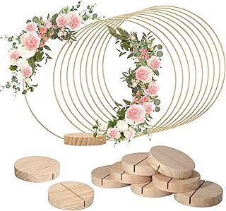 Worown 10 Pack 12 Inch Metal Floral Hoop Centerpieces, Gold Metal Floral Hoop, Including 10 Pcs 4 Inch Large Round Wooden Display Stand for Making Wedding Table Wreaths, Wall Hanging Crafts
