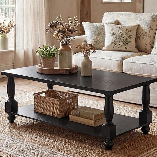 Homieasy Farmhouse Coffee Table with Storage, 47" Rectangular Living Room Center Table with Solid Wood Legs and Thickened Top, 2-Tier Wood Coffee Table with Turned Legs, Easy Assembly, Black