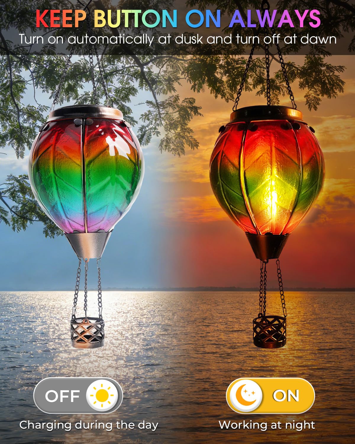 Klarlight Lanterna solare a forma di mongolfiera, 45 cm, da appendere, con effetto vetro arcobaleno, impermeabile, ad energia solare, accensione e spegnimento automatico, per giardino, patio, cortile