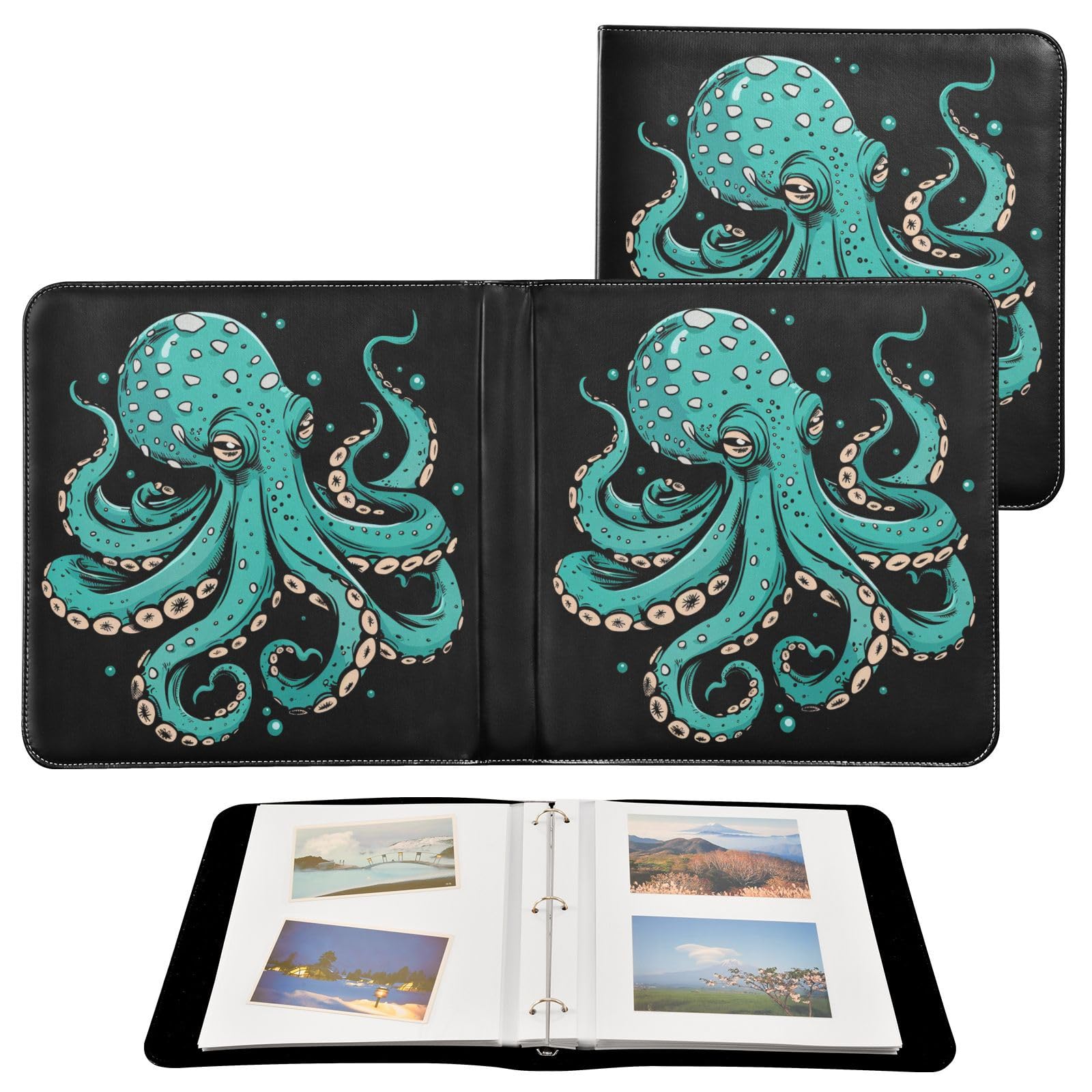 JIPONI Green Octopus Tentacle Large Photo Album, DIY Leather Cover Scrapbook Albums for 4x6 5x7 6x8 Pictures, Self Adhesive Memory Book for Wedding, Baby, Family
