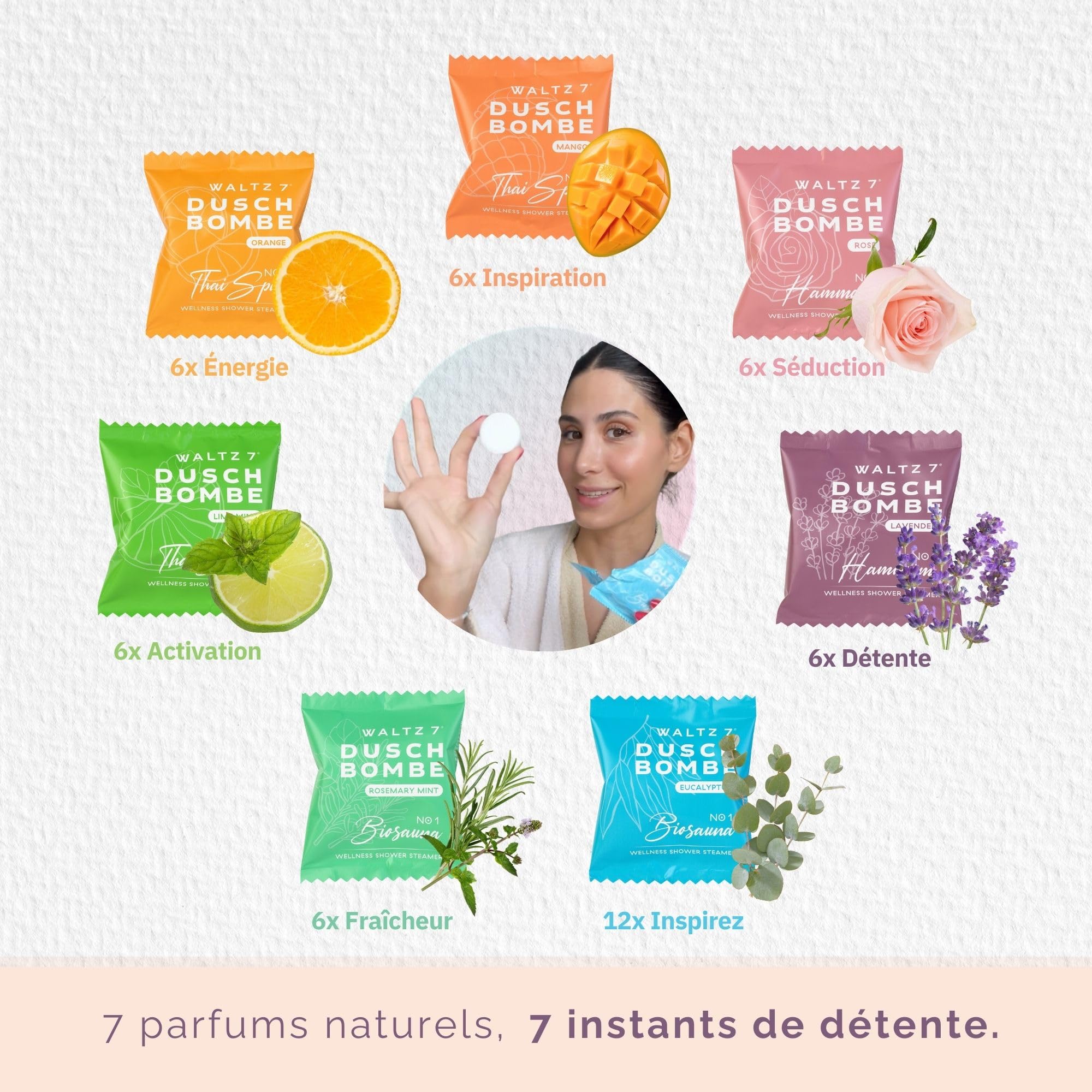 WALTZ 7 Set Bombes de Douche, 48 Sachet Mega Kit, 8 Senteurs, Aromatherapie, Calmant, Relaxant, Idee Cadeau Homme, Femme, Maman, Papa, Coffret Beaute