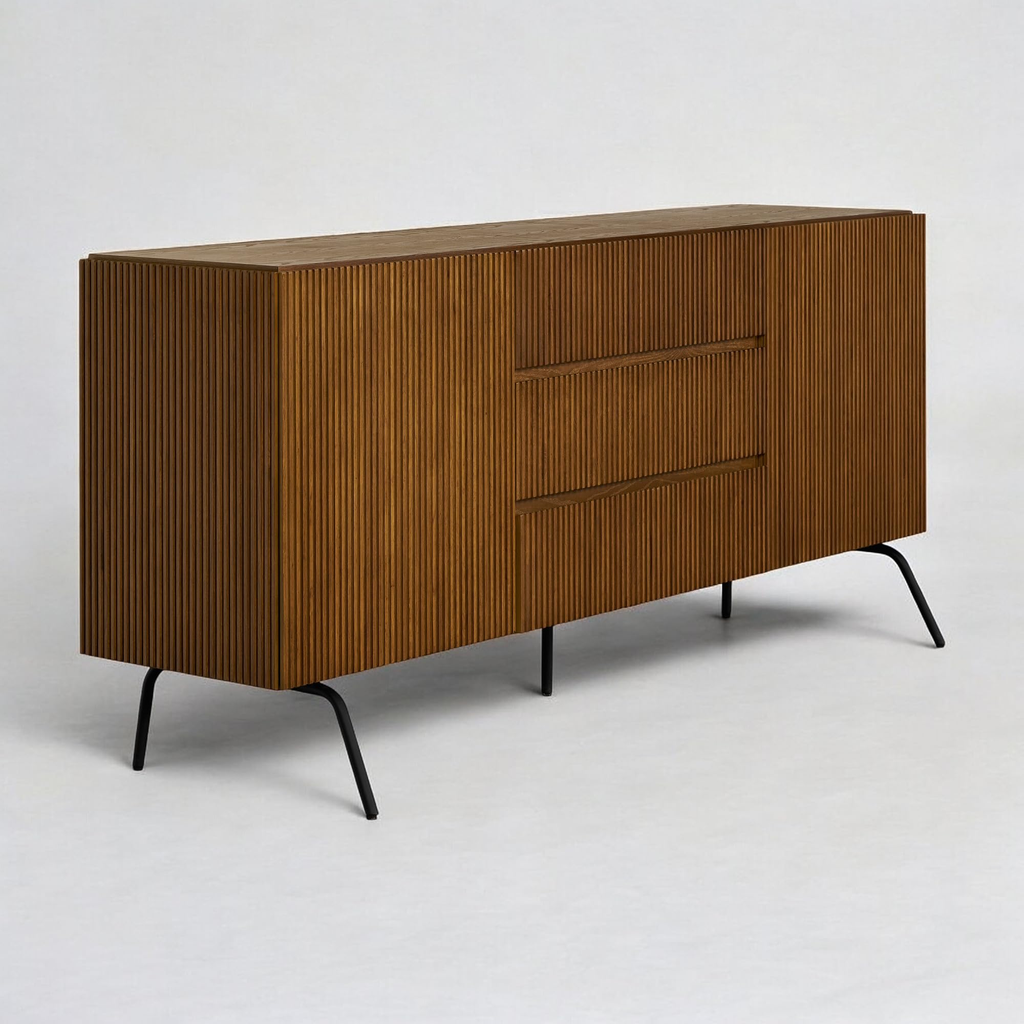NTC Veil Large Sideboard with 2 Doors and 3 Drawers, Buffet Cabinet with Vertical Groove Design and Metal Legs, Storage Cabinet for Living Room, and