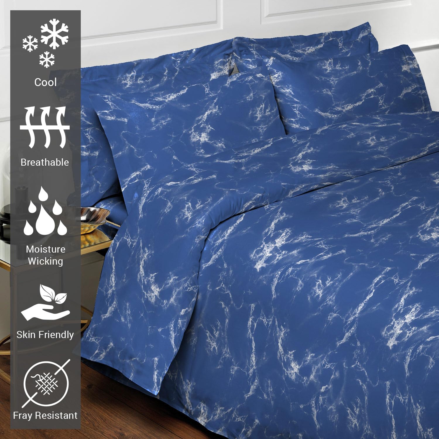 Pizuna Marble Blue Print Double Duvet Cover Set Cotton 400 Thread Count 100% Long Staple Cotton Printed Duvet Cover 200x200 Sateen Double Duvet Cover with Button Closure (Quilt Cover Double) - Image 2
