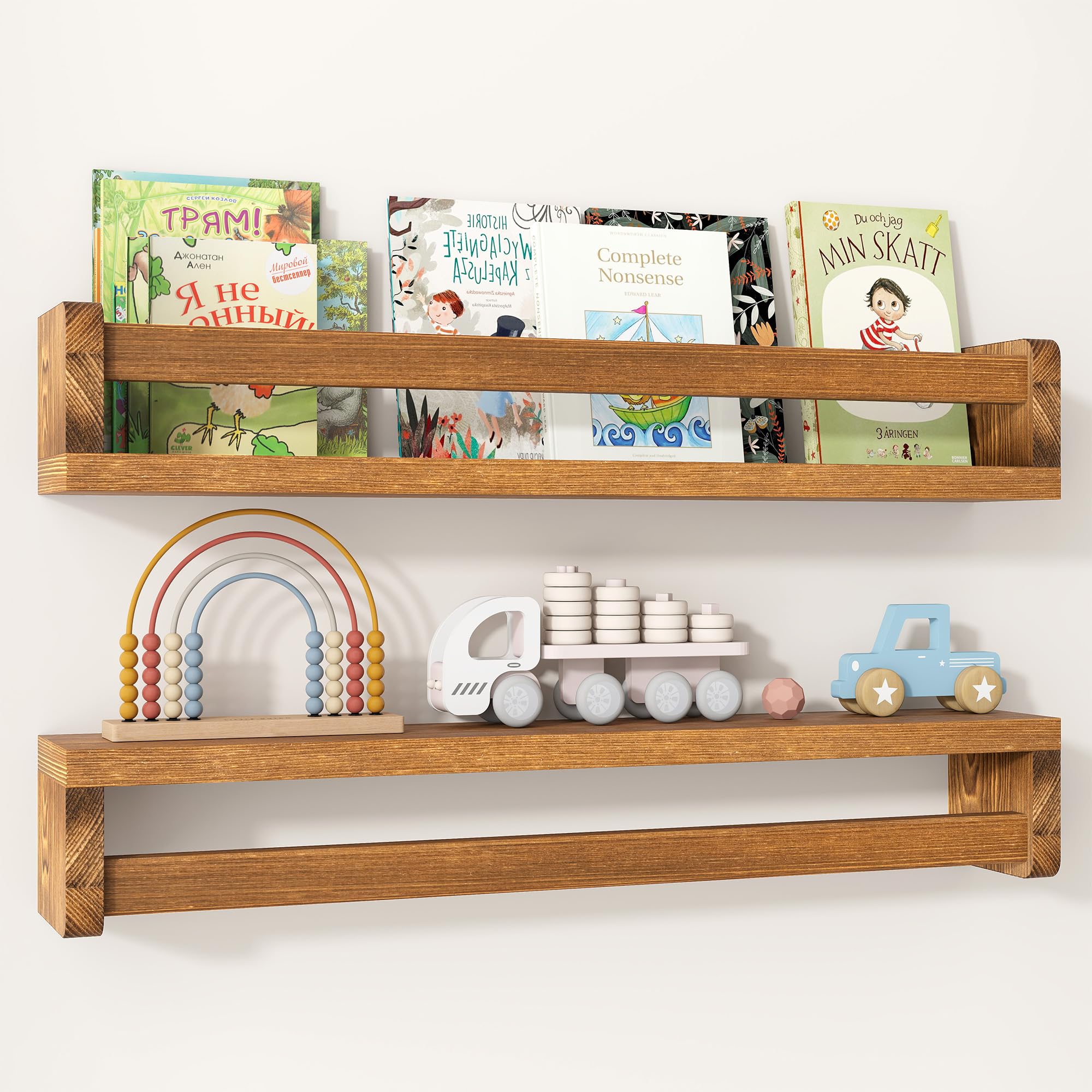 Fun Memories Nursery Book Shelves Set of 2, 61 cm Solid Wood Wall Book Shelves, Kids Room Floating Shelves Organizer & Toy Storage, Dark Brown Nursery Decor
