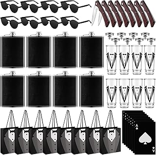 Tioncy 48 Pcs Groomsmen Proposal Gift 8 Engraved Pocket Knife 8 Groomsmen Gift Bags 8 Shot Glasses with Tuxedos 8 Stainless Steel Hip Flask 8 Poker Card Bottle Opener 8 Sunglasses
