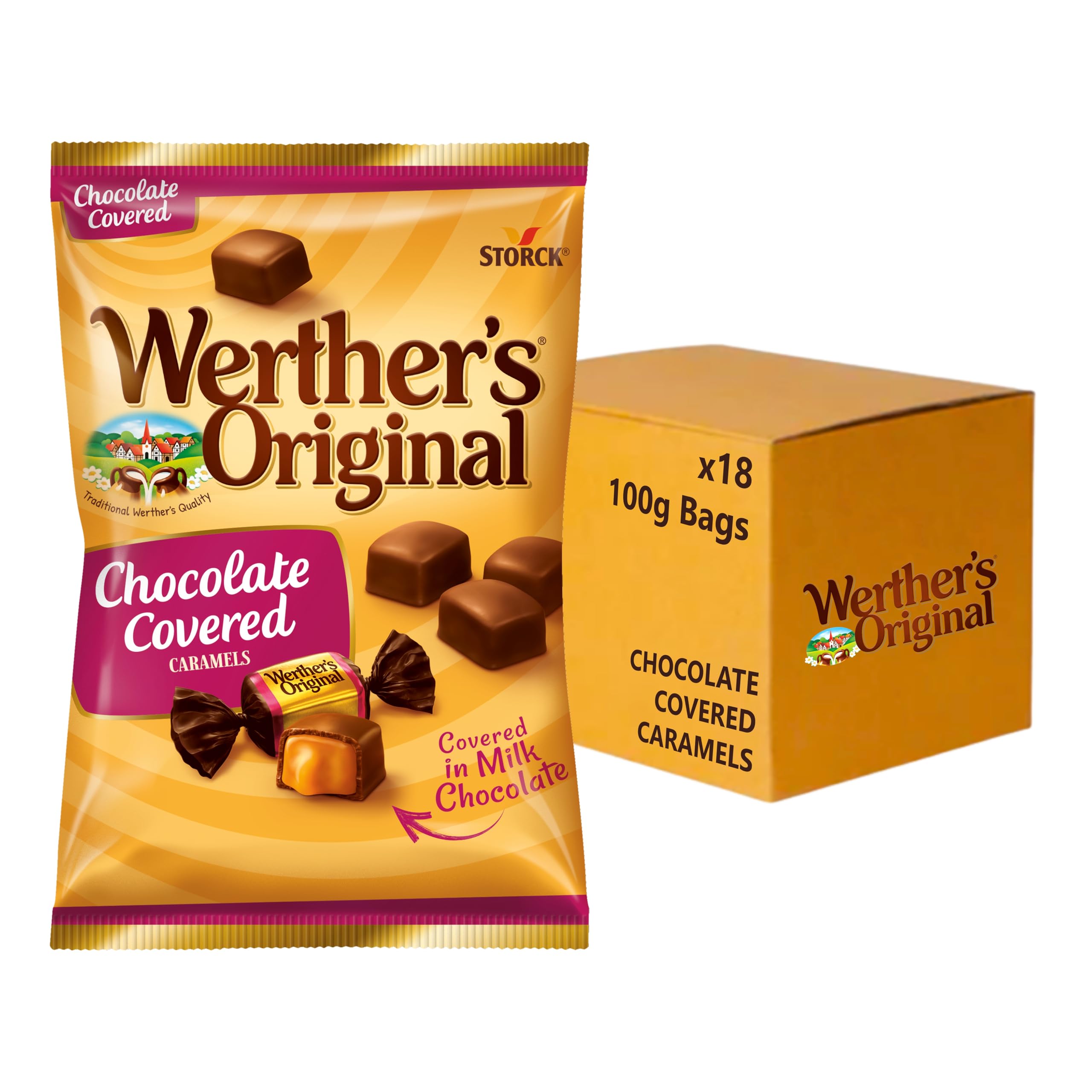 Werther's Original Chocolate Covered Caramels, Smooth Caramel Coated in Rich Chocolate, 100 g (Pack of 18 Bags)