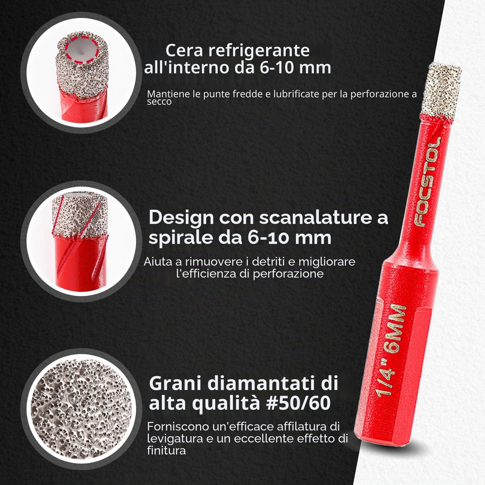 FOCSTOL Punte per Trapano Diamantate - 11 pezzi (6/6/8/10/20/25/32/35/45/50/65mm) con Gambo Triangolare per Porcellanato Piastrelle Ceramica Marmo Granito