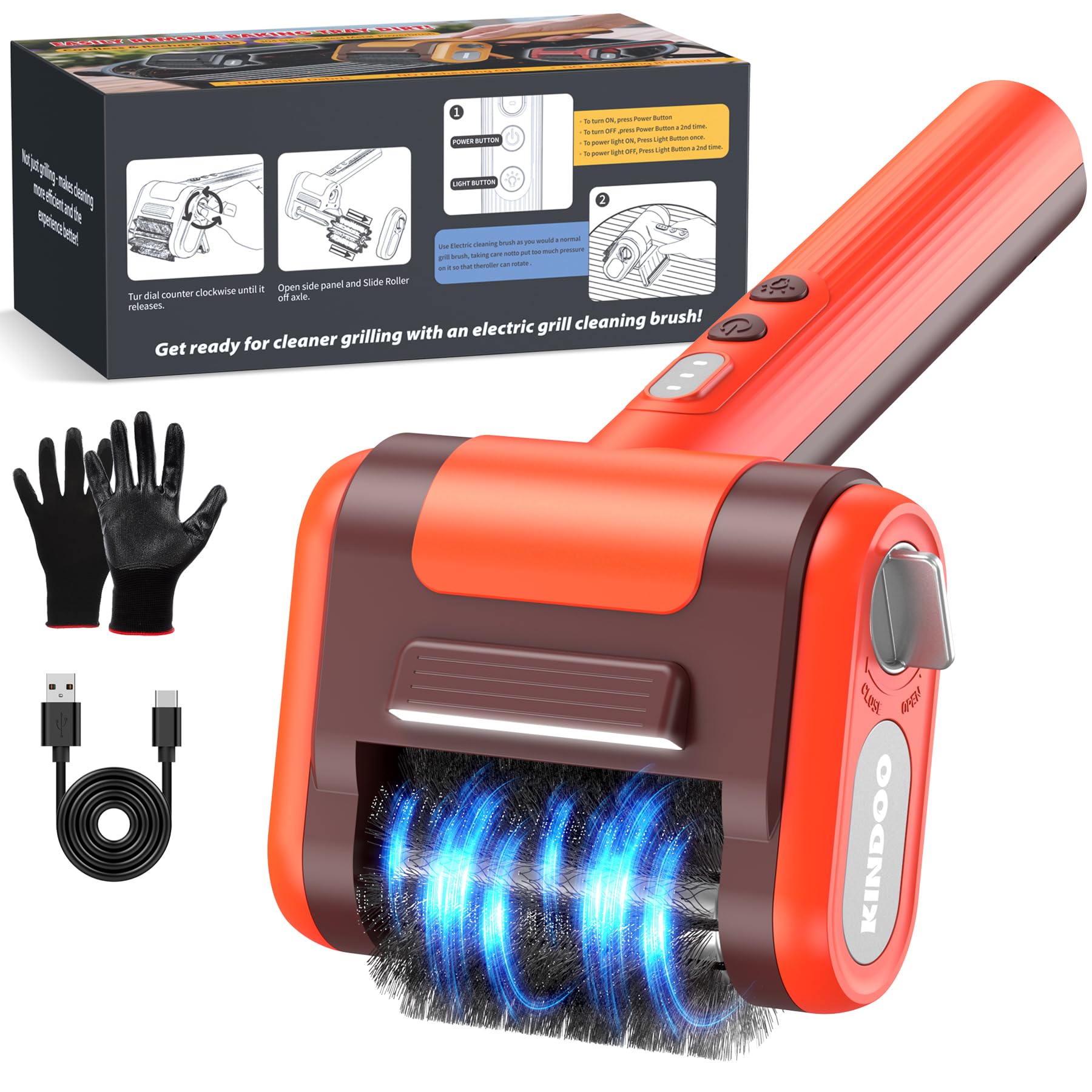 Electric Rechargeable Grill Brush with 800 RPM Motor 3000mAh Battery - Bristle-Free Stainless Steel Grill Cleaner with LED Light for BBQ, Pellet Grills - Heavy Duty Grill Cleaning Tool（BlackRed）