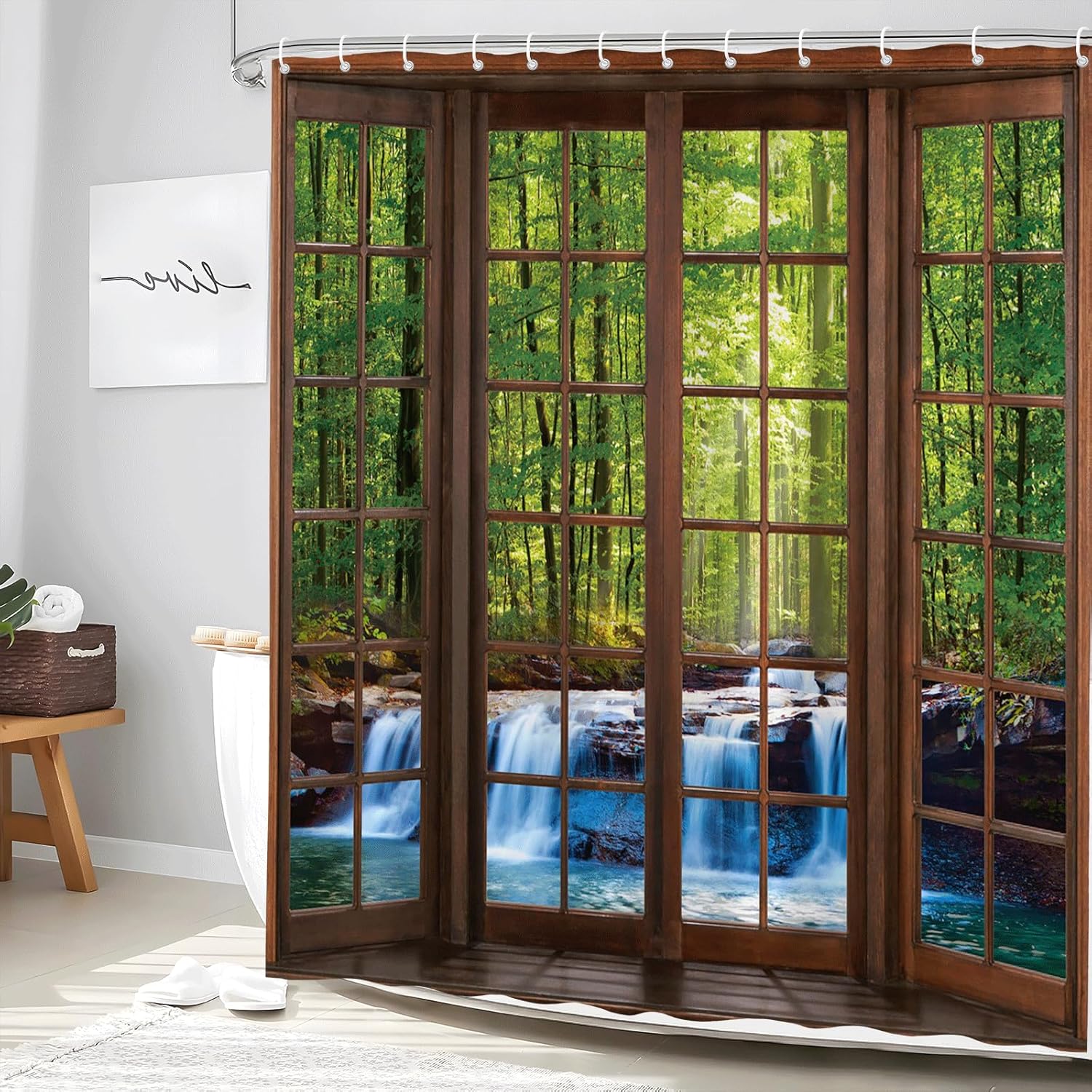 Forest Waterfall Shower Curtain Nature Scenery Green Tree Tropical Jungle Rainforest Sunlight River Stone Seasonal Spring Landscape Fabric Bathroom Decor Set with Hooks 70Wx90H Inch