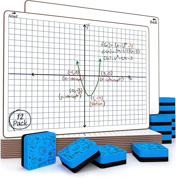Dry Erase XY Axis Graph Lap Boards 9”X12” for Student and Classroom Use, Math whiteboards (Double Sided White Boards) Erasers Included (12 Pack Graph)