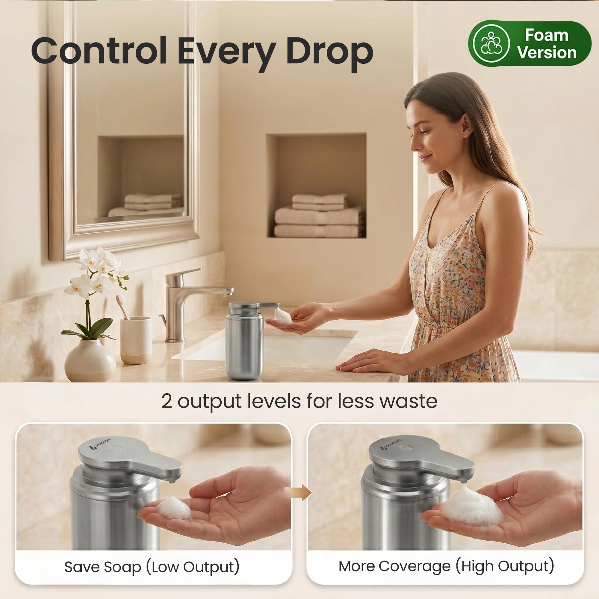 GentleJet SimpleFoam, dispenser automatico di sapone in schiuma, ricaricabile, senza contatto, per bagno o cucina, doppi livelli di schiuma, modalità di pulizia automatica (acciaio spazzolato, 350 ml)