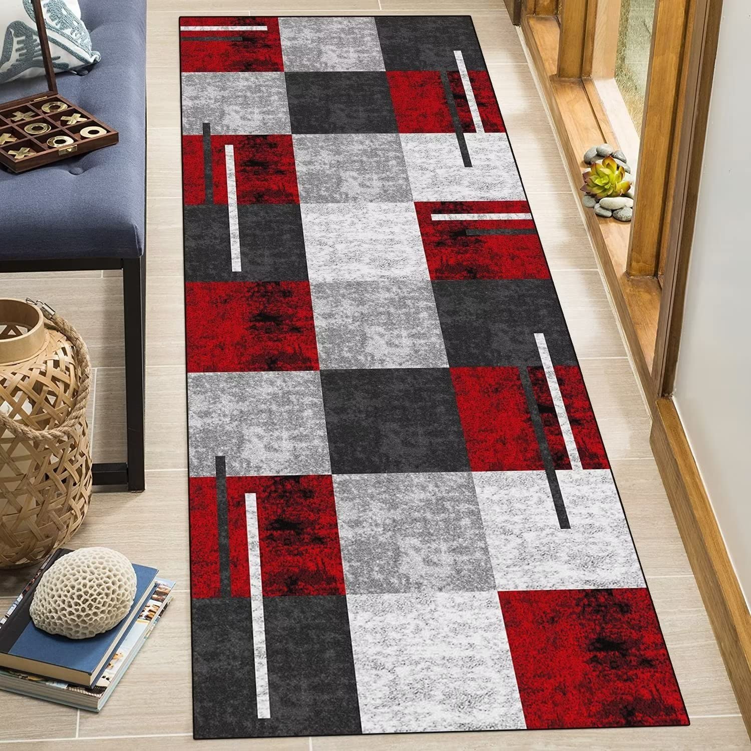 Alfombra antideslizante para pasillo, color rojo y gris, 120 x 200 cm, alfombra de pasillo moderna para cocina, sala de estar, lavable, larga, 40 a 120 cm de ancho