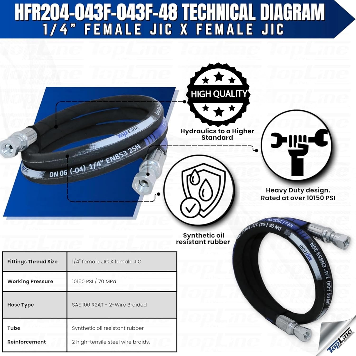1/4" Hydraulic Hose Assembly with Female JIC X Female JIC 10,150 psi (48 inches) SAE 100 R2AT 2-Wire Braided, Oil-Resistant Rubber Tube, High-Tensile Steel Reinforced | Model HFR204-043F-043F-48