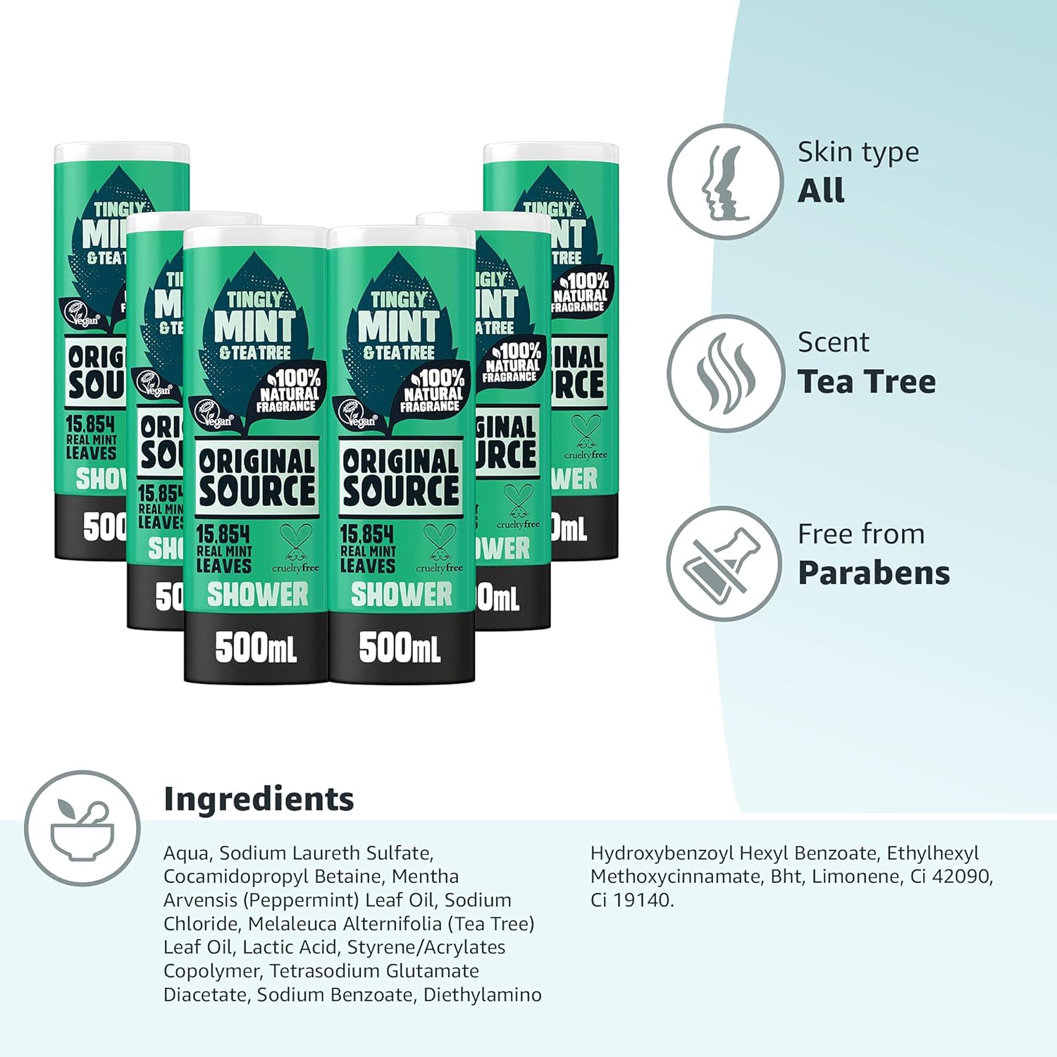 Original Source Mint And Tea Tree Shower Gel, 100 Percent Natural Fragrance, Vegan, Cruelty-Free, Paraben Free, Bulk Buy, Pack Of 6 X 250 Ml