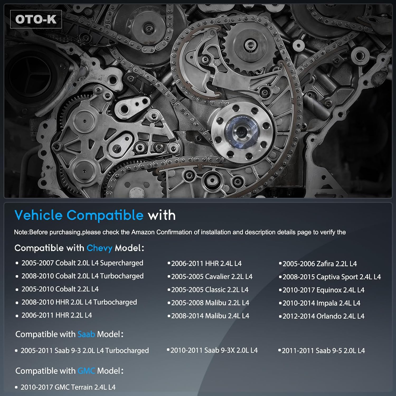 OTO-K Timing Chain Kit Compatible with Chevy Equinox 10-17 2.4L,Impala 14 2.4L,Malibu 04-14 2.4L,HHR Cobalt 06-10 2.2L,Buick LaCrosse 10-16 2.4L,Regal Verano 12-17 2.4L,Replace#9-4201SA 12635048