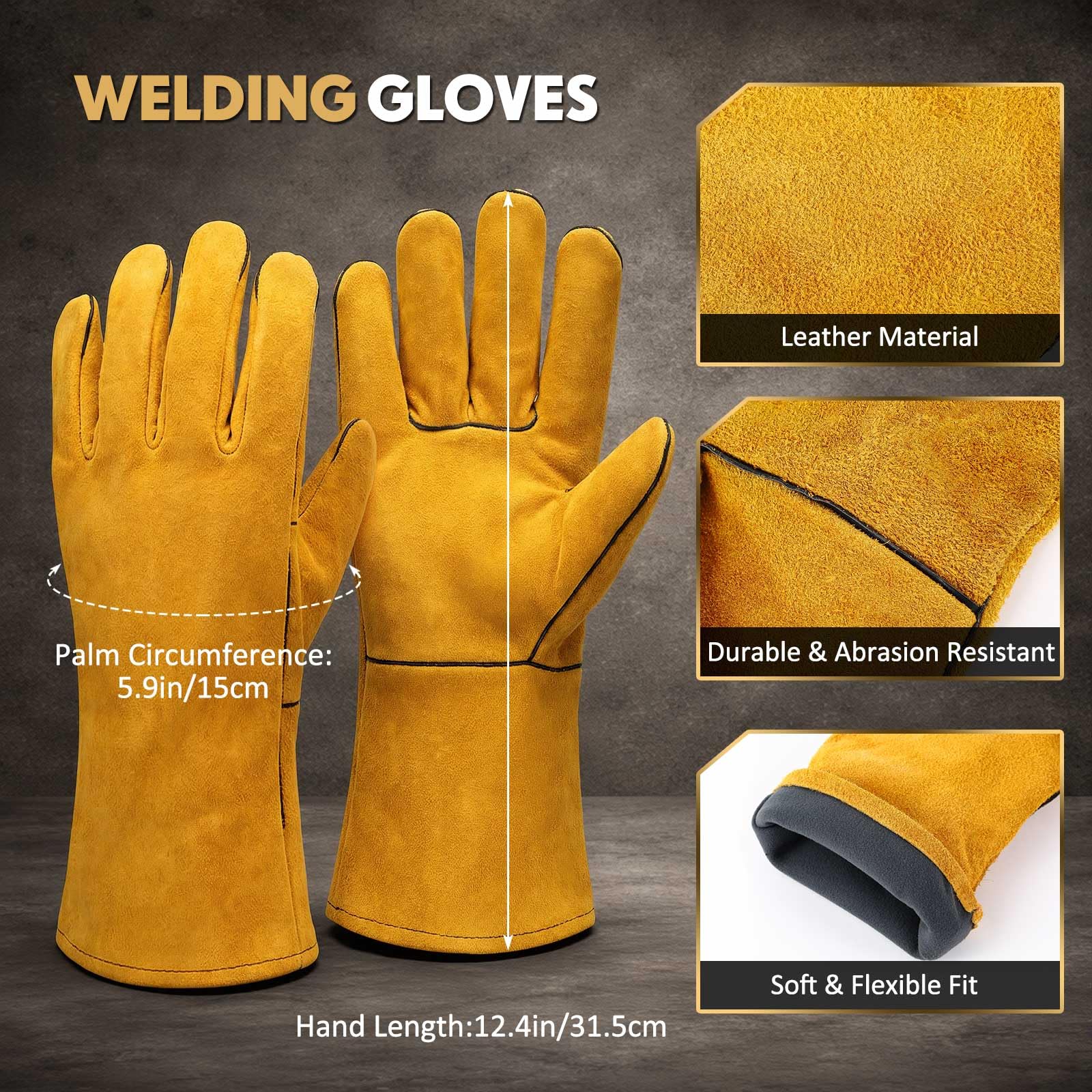 Tellegloww Capucha y guantes de soldadura de cuero, protector de cuero vacuno con cubierta de hombro para cuello, protege contra chispas y evita quemaduras