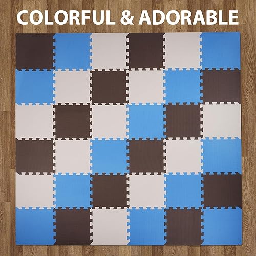 Miniatura 7 de BalanceFrom Puzzle Play Mat, 36 piezas de azulejos de espuma entrelazados, azulmarrónbeige  Alfombras de suelo de azulejos para sala de juegos