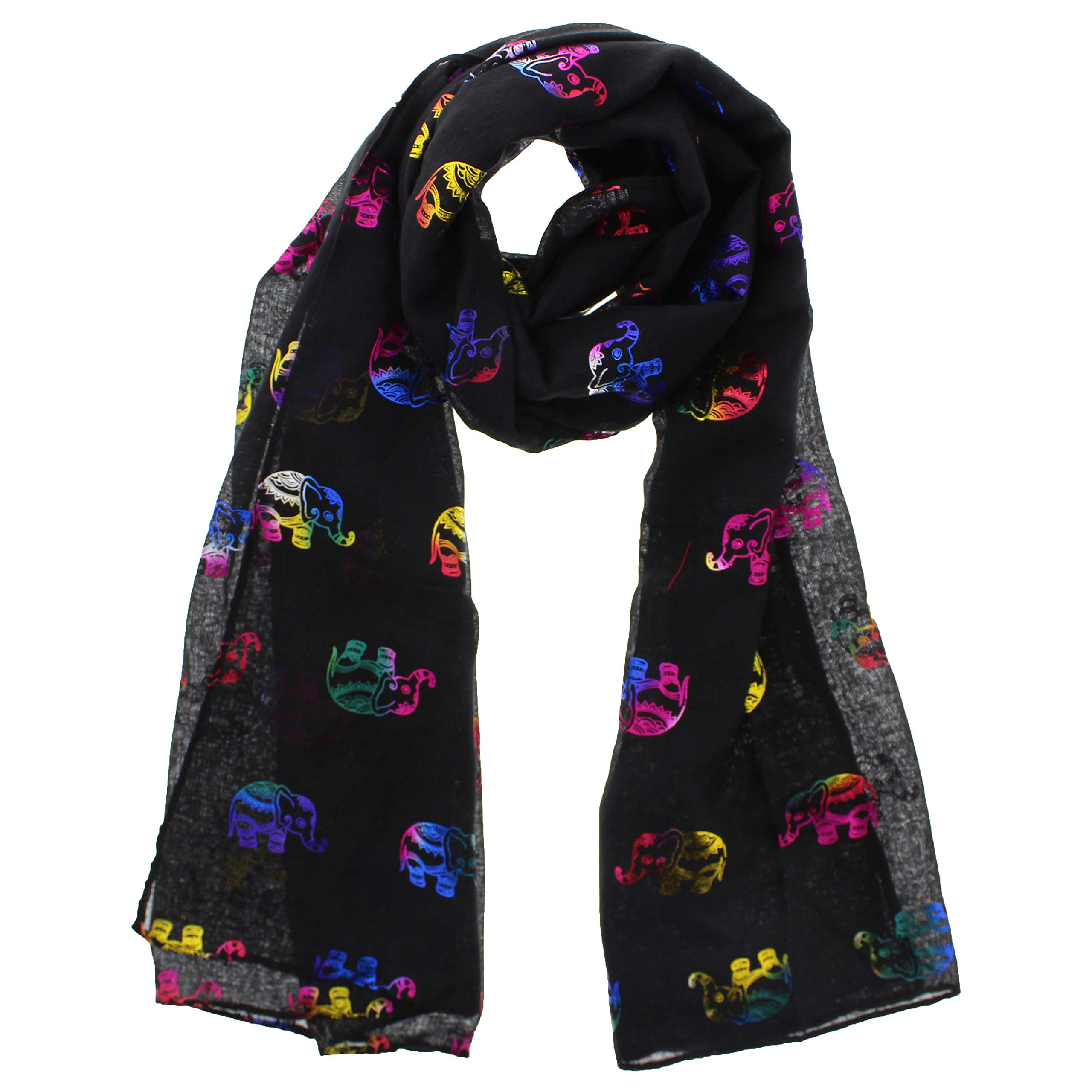Zac's Alter Ego Women's Black Scarf With Rainbow Foil Metallic Glitter Elephant Print