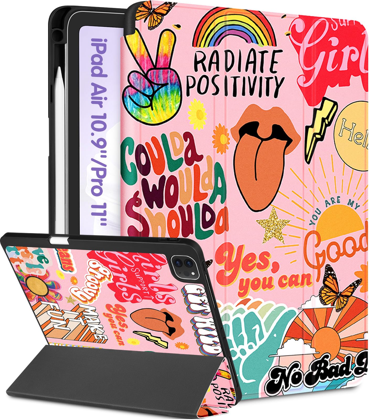 Uppuppy for iPad Air 11 inch Case, Air 5th/4th Generation 10.9, Pro 11'' (4th/3rd/2nd/1st Gen) Case Girls Cute Women Pencil Holder Quote Design Girly