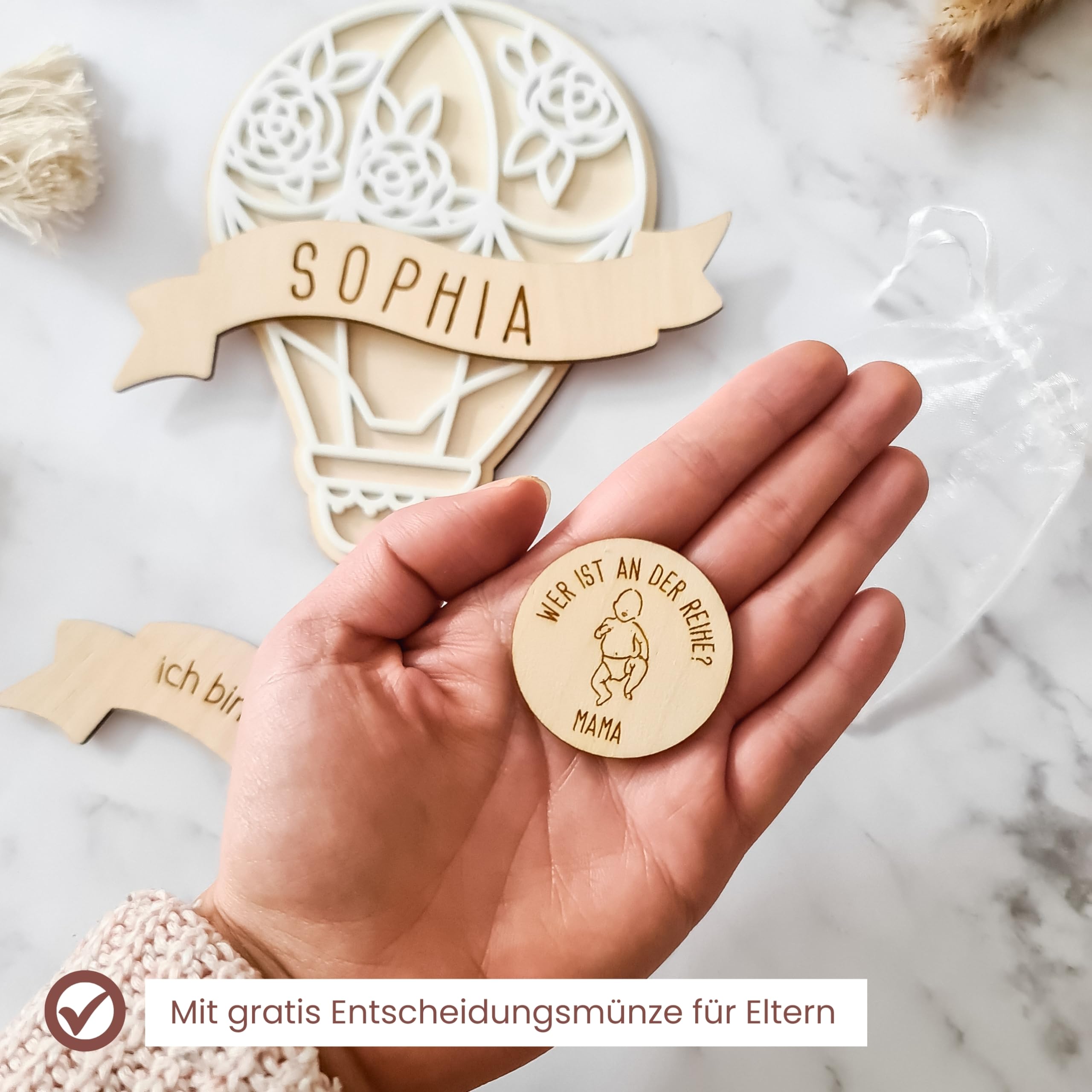 Meilensteinkarten Baby Holz 1-12 Monate personalisiert – Mädchen & Jungen Heißluftballon (Set 4) Komplett-Set)