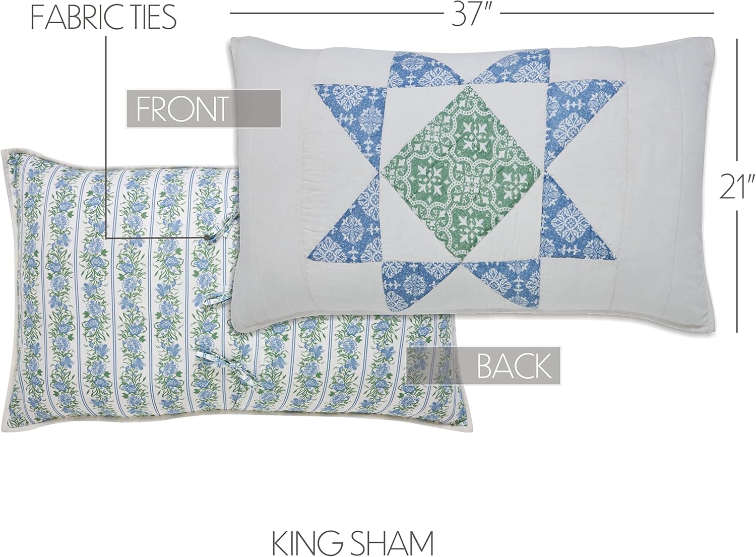 VHC Brands Jolie, Farmhouse Quilted Bed Sham, King, Patchwork, Blue & Green, 21x37