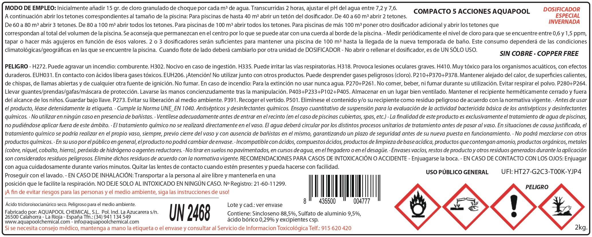 Pack 4 UDS - DOSIFICADOR INVERNADA AQUAPOOL 8 KG (4x2 KG) - Compacto 5 Acciones - Sin Cobre - Tratamiento autodosificador Piscinas Invierno - Apto Piscinas Liner