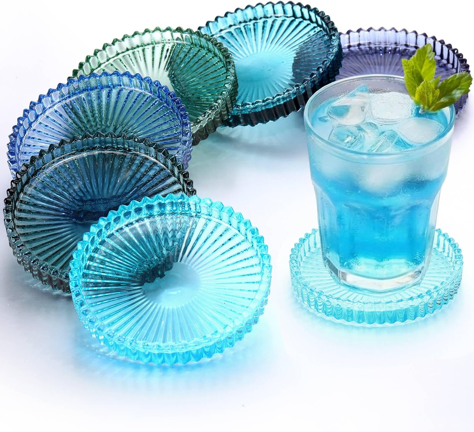 Queekay 6 Set Modern Clear Glass Coasters for Drinks Colored Glass Crystal Coasters House Warming Gifts New Home Coffee Table Decor for Office, Kitchen, Bar, Dining Room, Living Room (Blue)