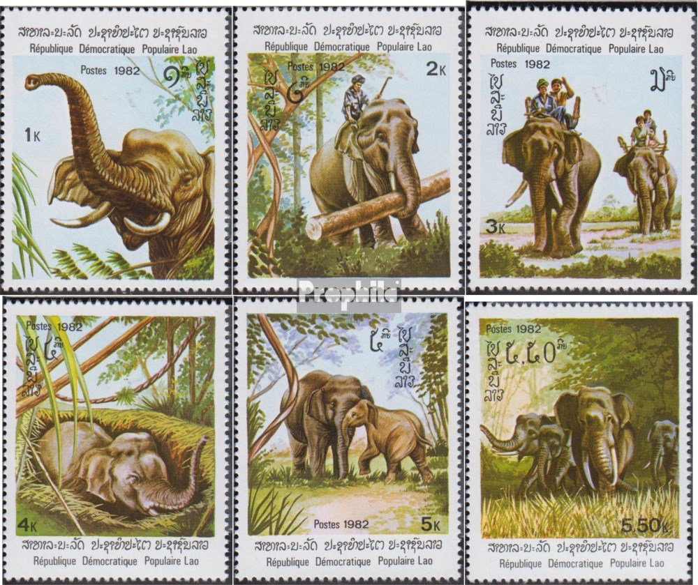 Prophila Laos Briefmarken – 1982 Elefanten Serie, 6 Marken (523-528) Postfrisch MNH, Sammlerqualität Aus Laos