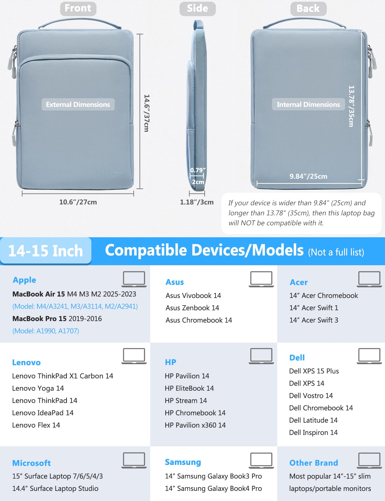 HYZUO 14-15 Pollici Borsa Laptop per MacBook Air 15 M4 M3 M2, MacBook Pro 15, XPS 15 Plus, 15" Surface Laptop, Custodia per Notebook per 14" Dell HP Lenovo ThinkPad Asus Acer Huawei, Blu Pallido