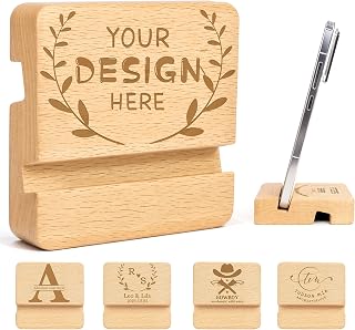 Custom Wooden Phone Stand, Personalized Double-Sided Engraved Cell Phone Holder with Name/Logo/Text, Wood Mobile Phone Stand Gift for Dad, Boyfriend, Couples, Coworkers, Anniversary – 2 Pack