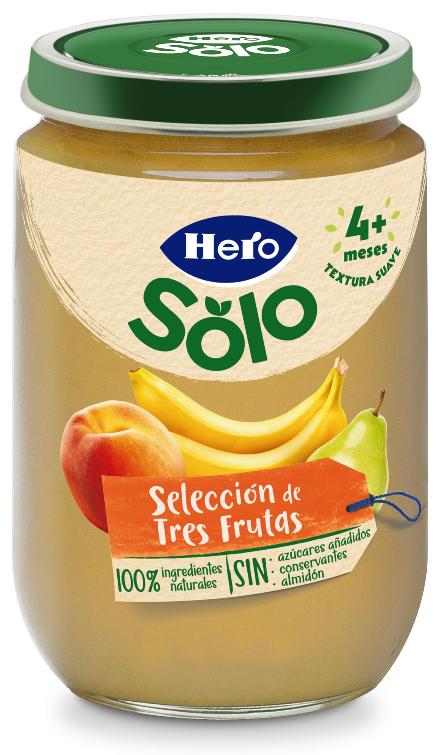 Hero Baby - Tarritos de Selección de 3 Frutas, Melocotón, Platano y Pera, Sin Almidón, Sin Azúcar Añadido, Ingredientes 100% Naturales, para Bebés de +4 meses, Pack de 12x190g