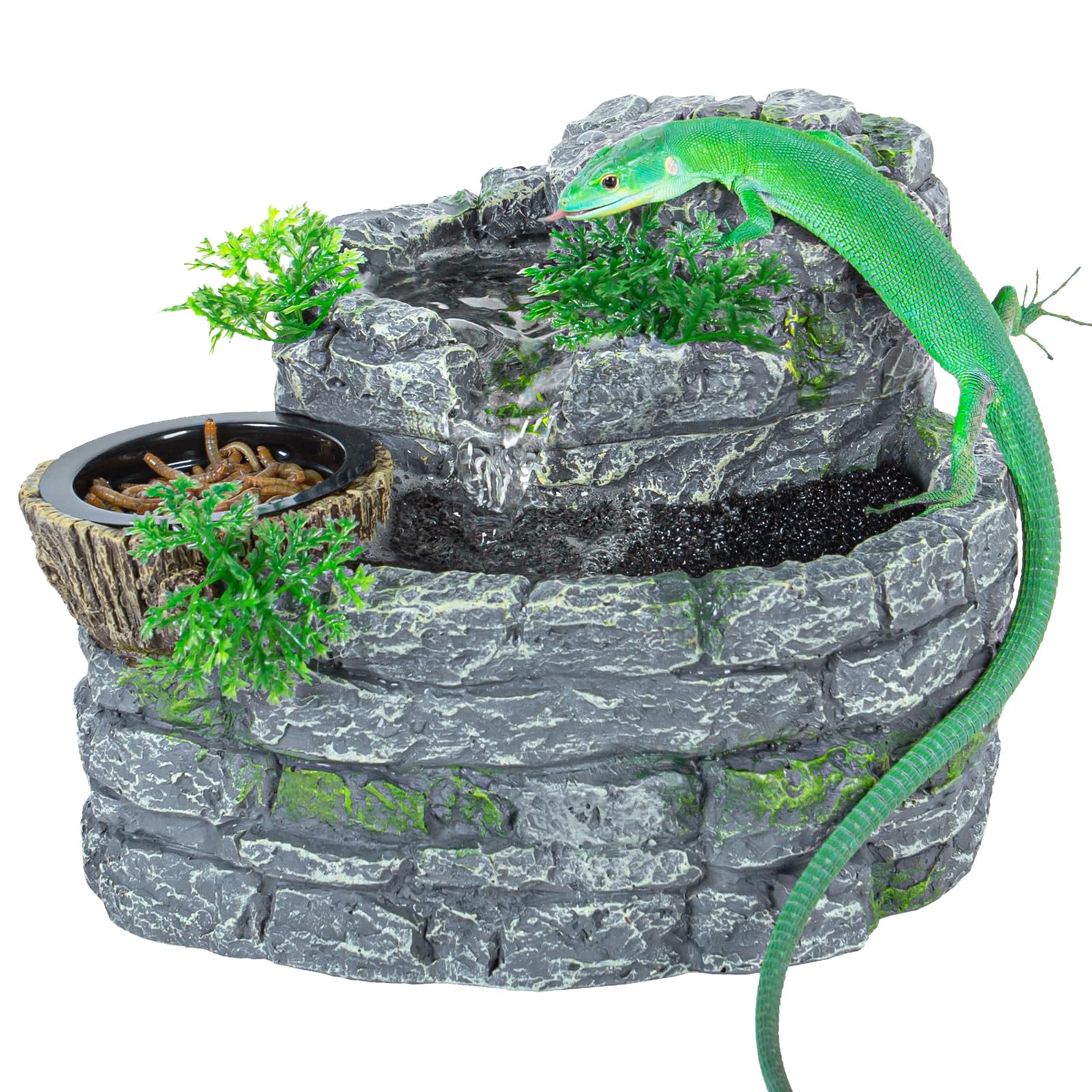 REPTI ZOO Reptile Water Fountain with Food Dish, 550ML Terrarium Waterfall Drinking Fountain for Bearded Dragon Gecko Chameleon Lizard Tree Frog