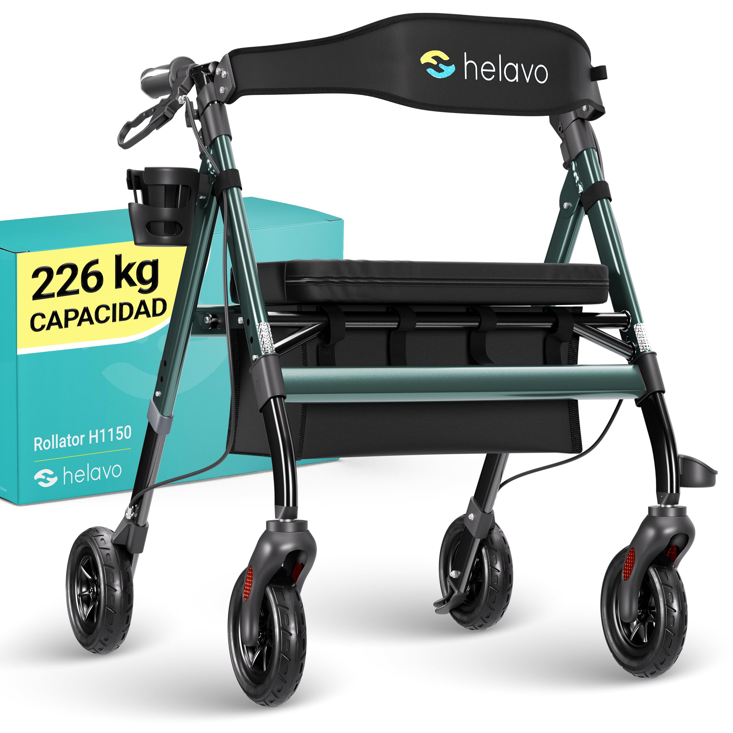 Helavo andador resistente con ruedas de caucho antipinchazos para exteriores - Andador amplio extra de aluminio con asiento espacioso y ajustable en altura - Soporta hasta 226 kg