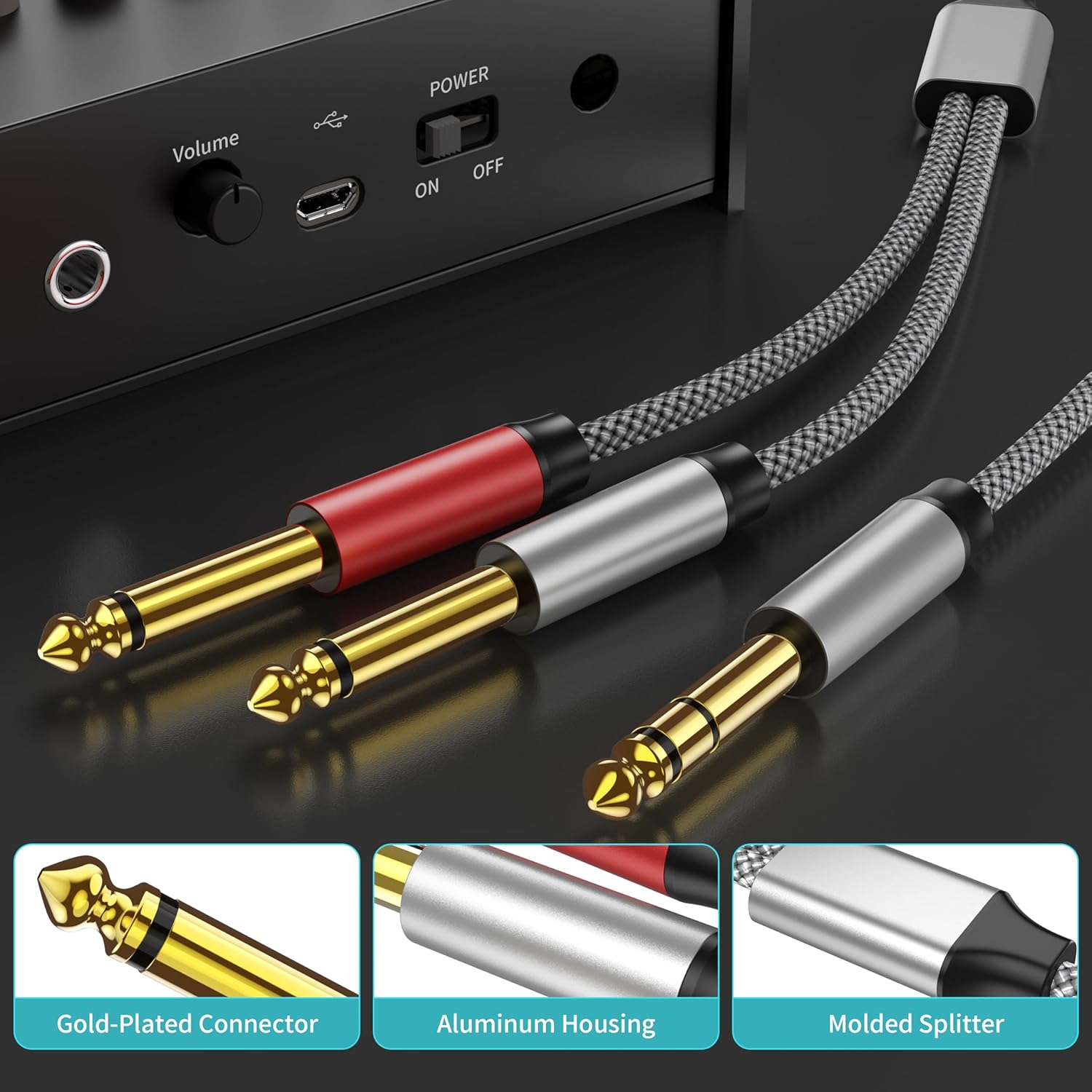 30ft Insert Cable - 1/4 Stereo to Dual 1/4 Mono Y Splitter Compatible with Amplifiers, Mixers, Guitars, Speakers and More