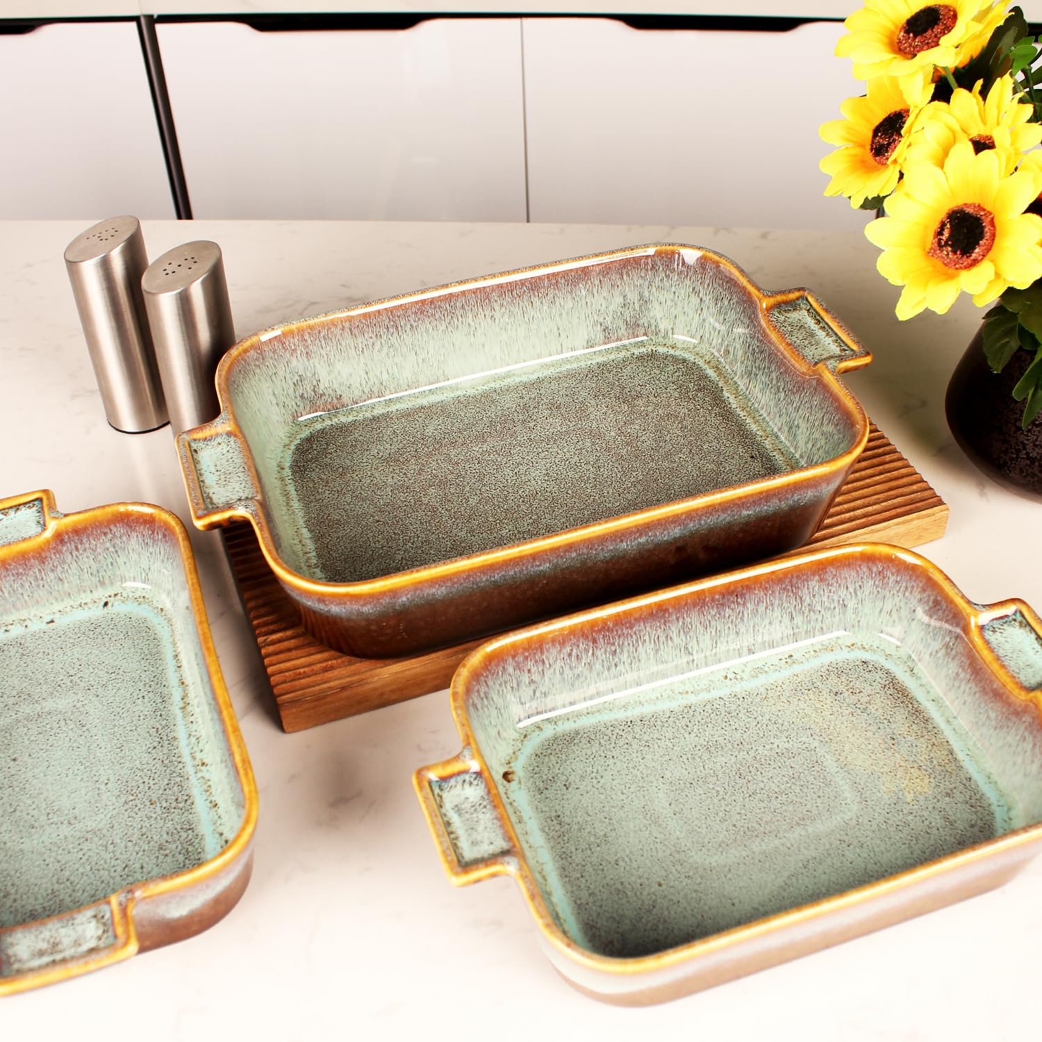 Cacerola de cerámica para gratinar, sartén grande para lasaña profunda para horno, bandeja para hornear con asas, apta para horno, microondas, congelador y lavavajillas, gran regalo