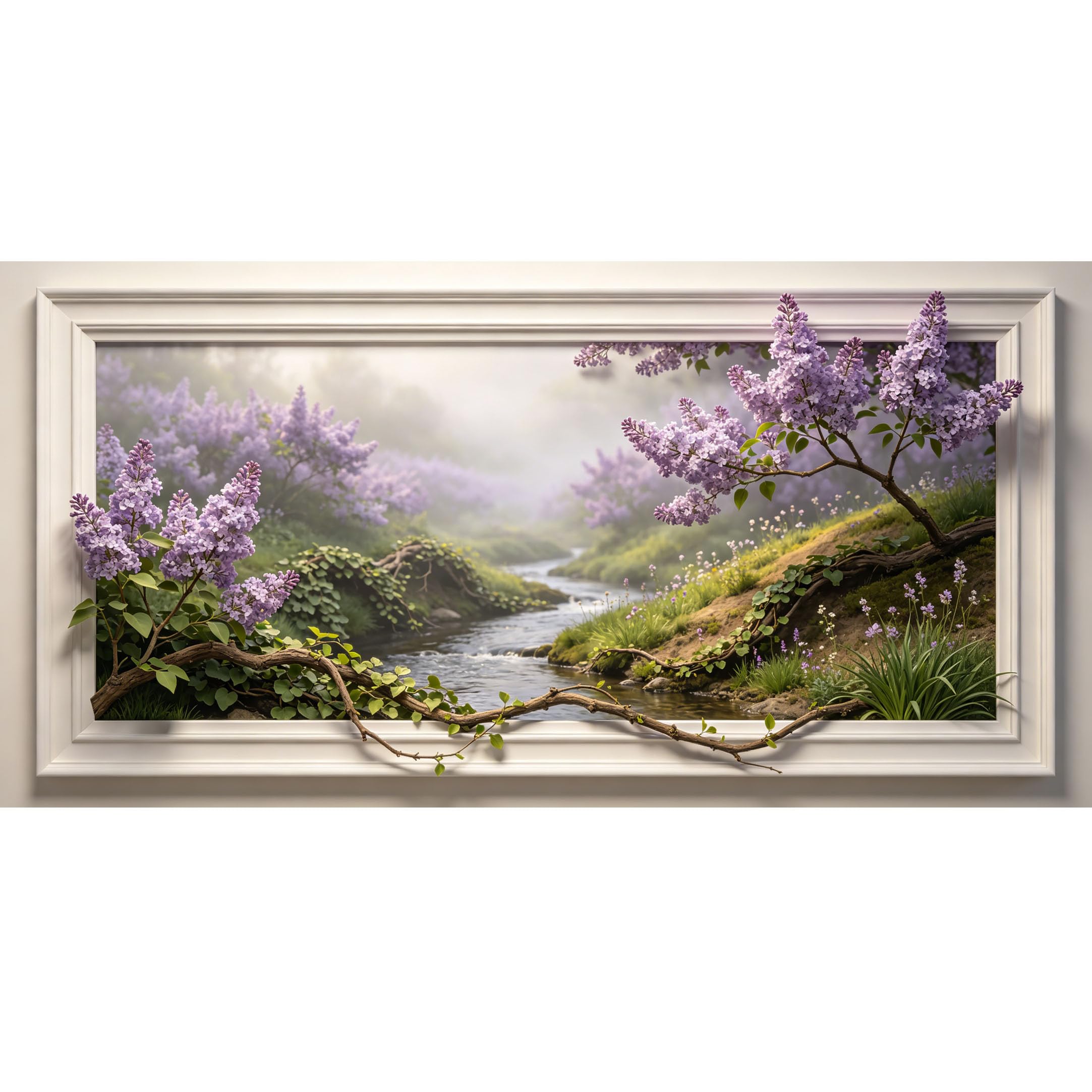 Agglomerix 3D Framed Wall Art Purple Lilac Flower Stream Landscape Botanical Nature Riverbank Wood Branch Large Size SelfAdhesive Removable Wall Decor Prints Artwork for Living Room Bedroom Office