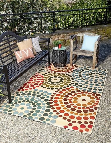 Unique Loom Outdoor Modern Collection - Alfombra rectangular de 7 pies 1 pulgada x 10 pies, color beige y borgoña