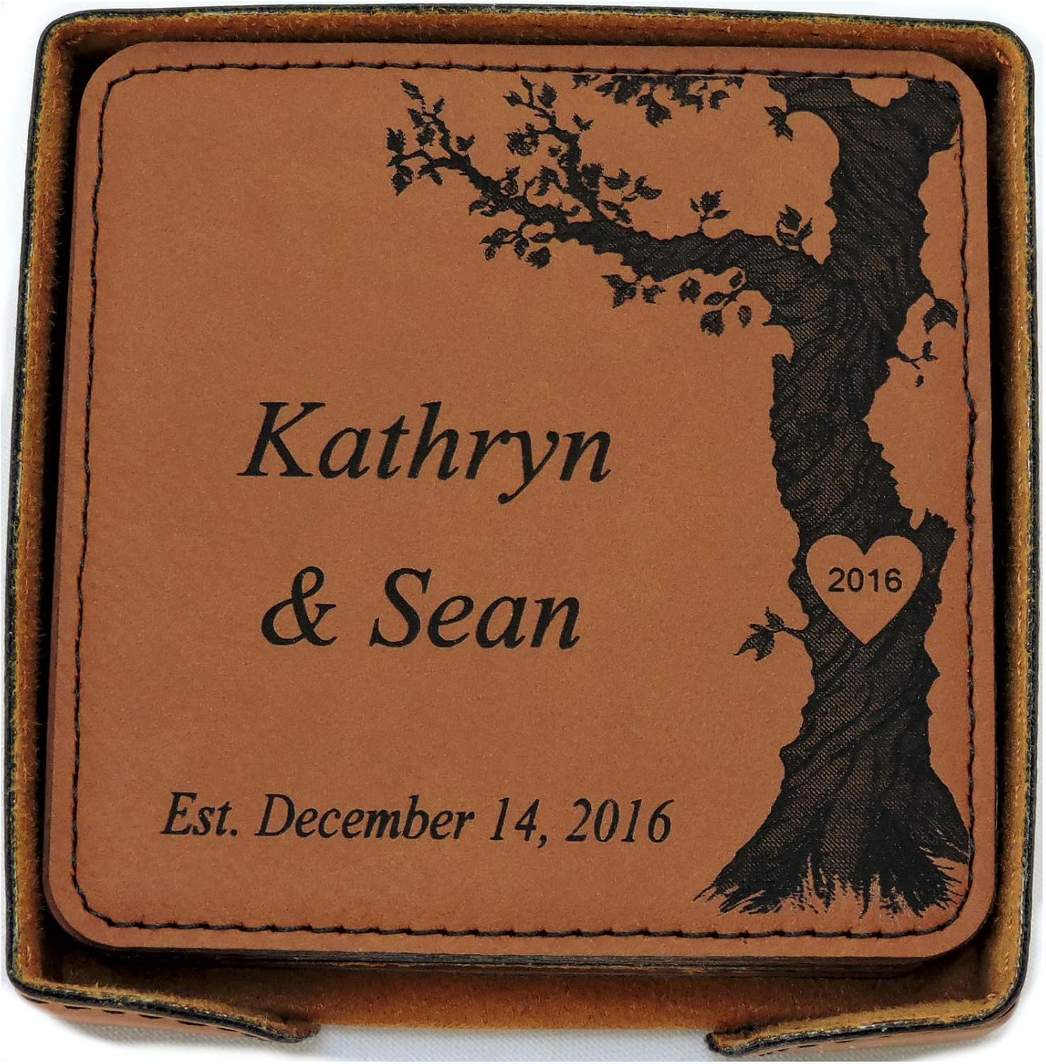 Rawhide Leather Coasters Set of 6 Coasters with Holder,Engraving Included