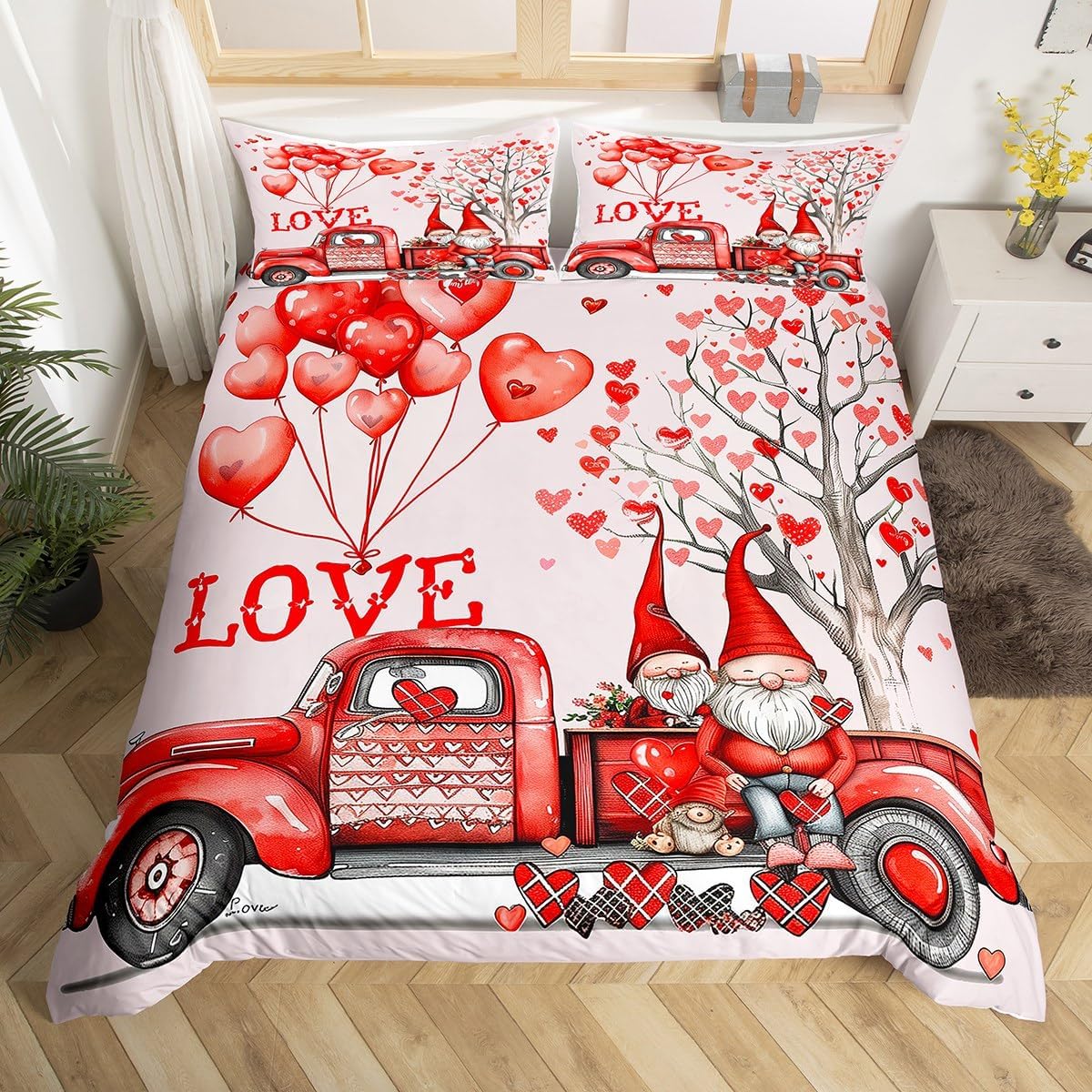 Valentine's Truck Duvet Cover Set Toddler Size,Roses Flowers Love Heart Balloons Romantic Bedding Set,Girls Women Room Decor,Gnome Couple Lover Comforter Cover,Red Quilt Cover,1 Pillowcase,No Filler