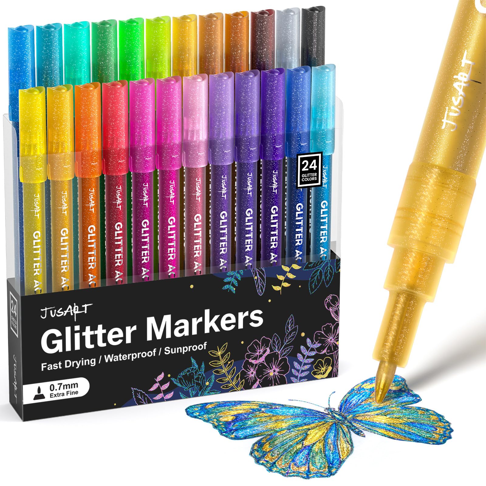 JusArt 24 Colors Glitter Markers, 0.7mm Extra Fine Tip Acrylic Glitter Pens, Metallic Shimmer Marker for Kids Adults DIY Crafts Making, Drawing, Scrapbooking Supplies, Rock, Wood, Glass, Fabric