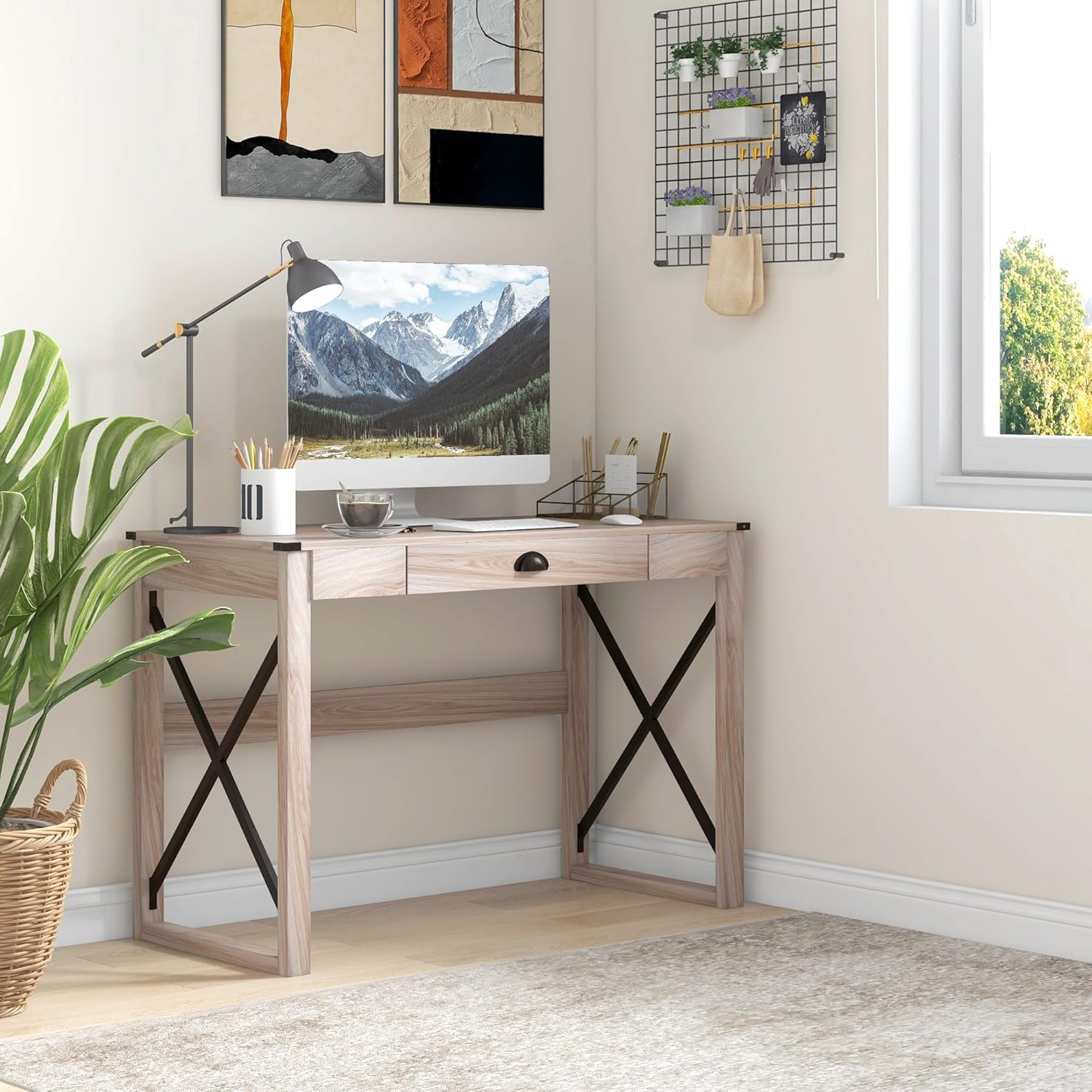 Black Wood X-Frame Computer Desk with Drawer