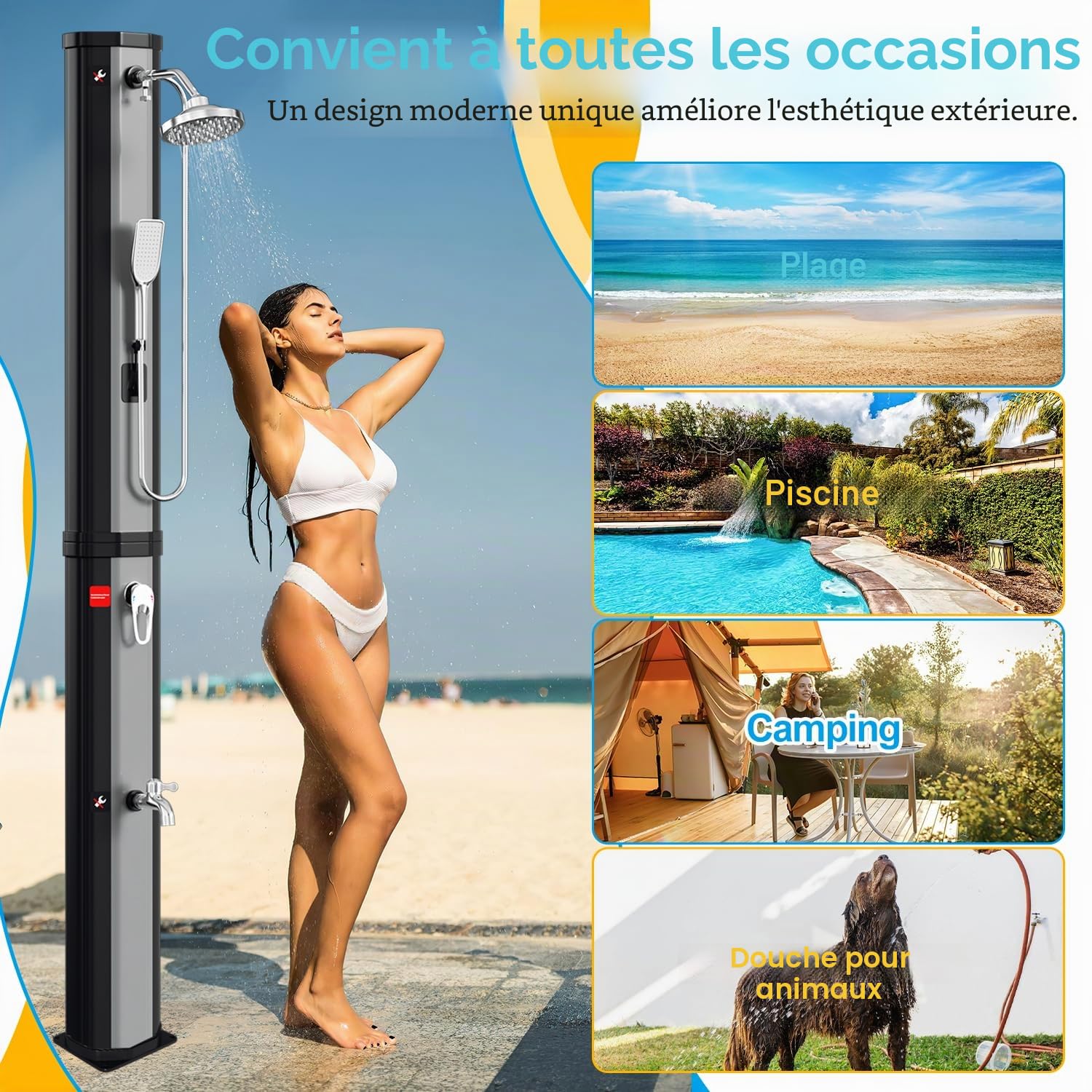 Eulenke Douche Solaire Piscine 60 litres INCL Capot de Protection et Douchette à Main, Maximum 60°C, Douche Camping avec Douche de Pied et pommeau de Douche Rond, Douche Exterieur Argent et Noir