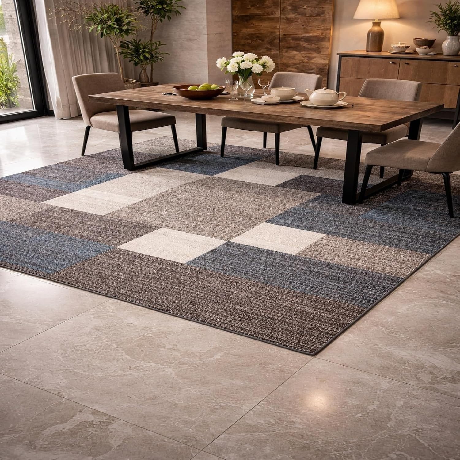Tapis moderne lavable motif géométrique pour salon, Bleu, 120 x 180 cm