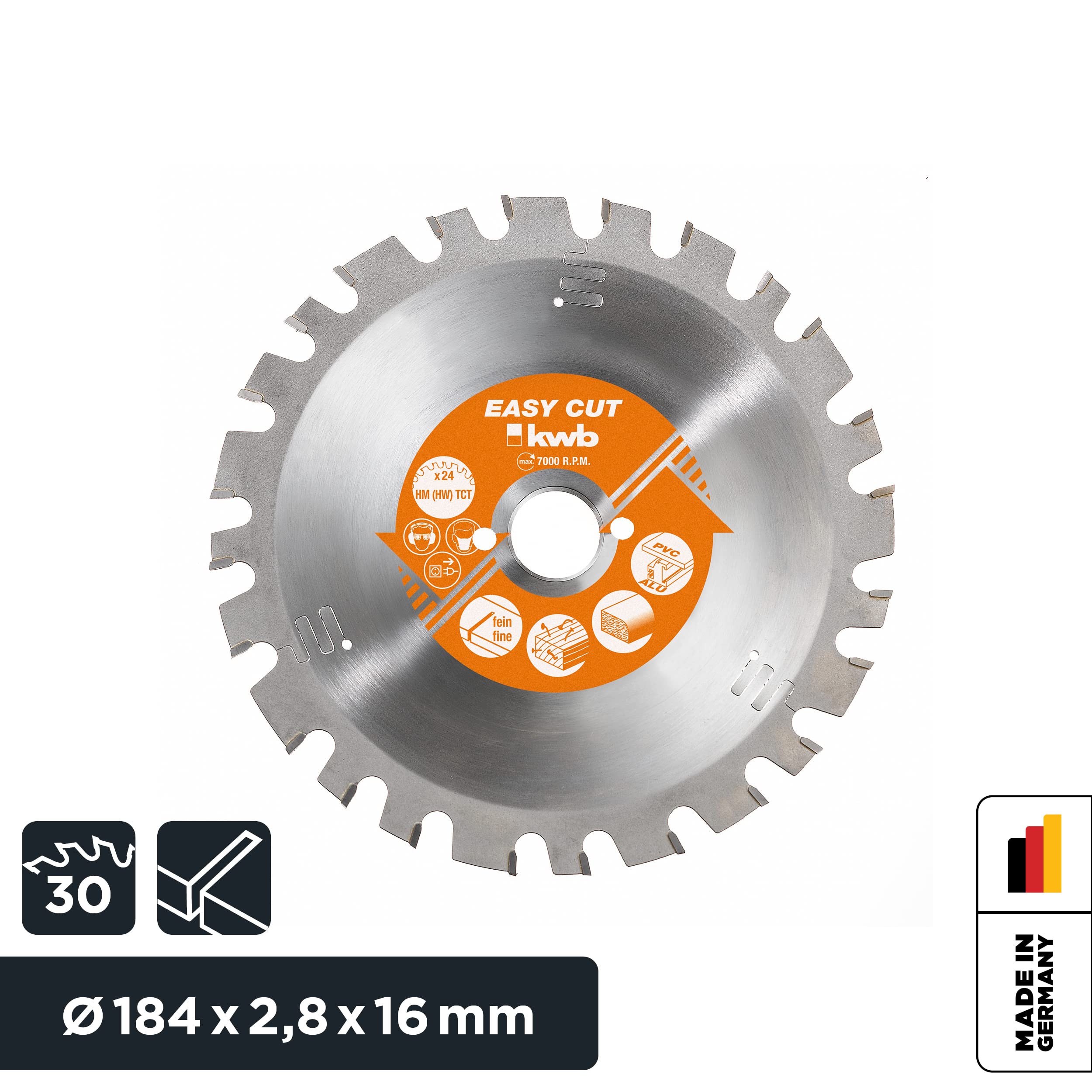 kwb Easy-Cut tarcza do piły tarczowej do ręcznych pił tarczowych 586133 (184 x 20 mm, 30 zębów, specjalny ząb wymienny, tarcza uniwersalna)