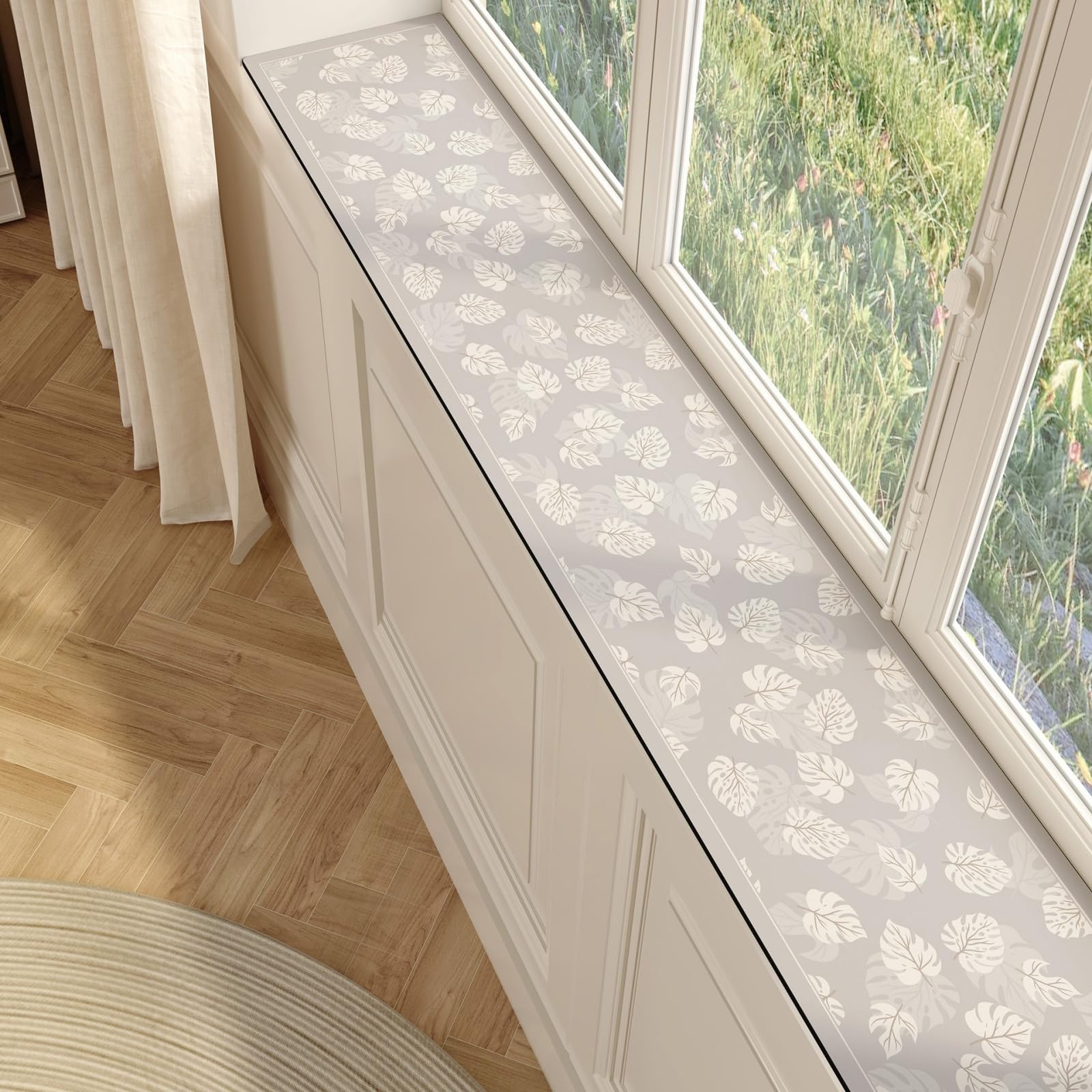 Treer Windows Seat Cushions, Spring Flowers Window Sill Cover Protector, Absorbent Diatom Mud Mat with Non Slip Backed for Potted Plants & Pets,Waterproof Bay Window Pad (Leaves,10x100cm)