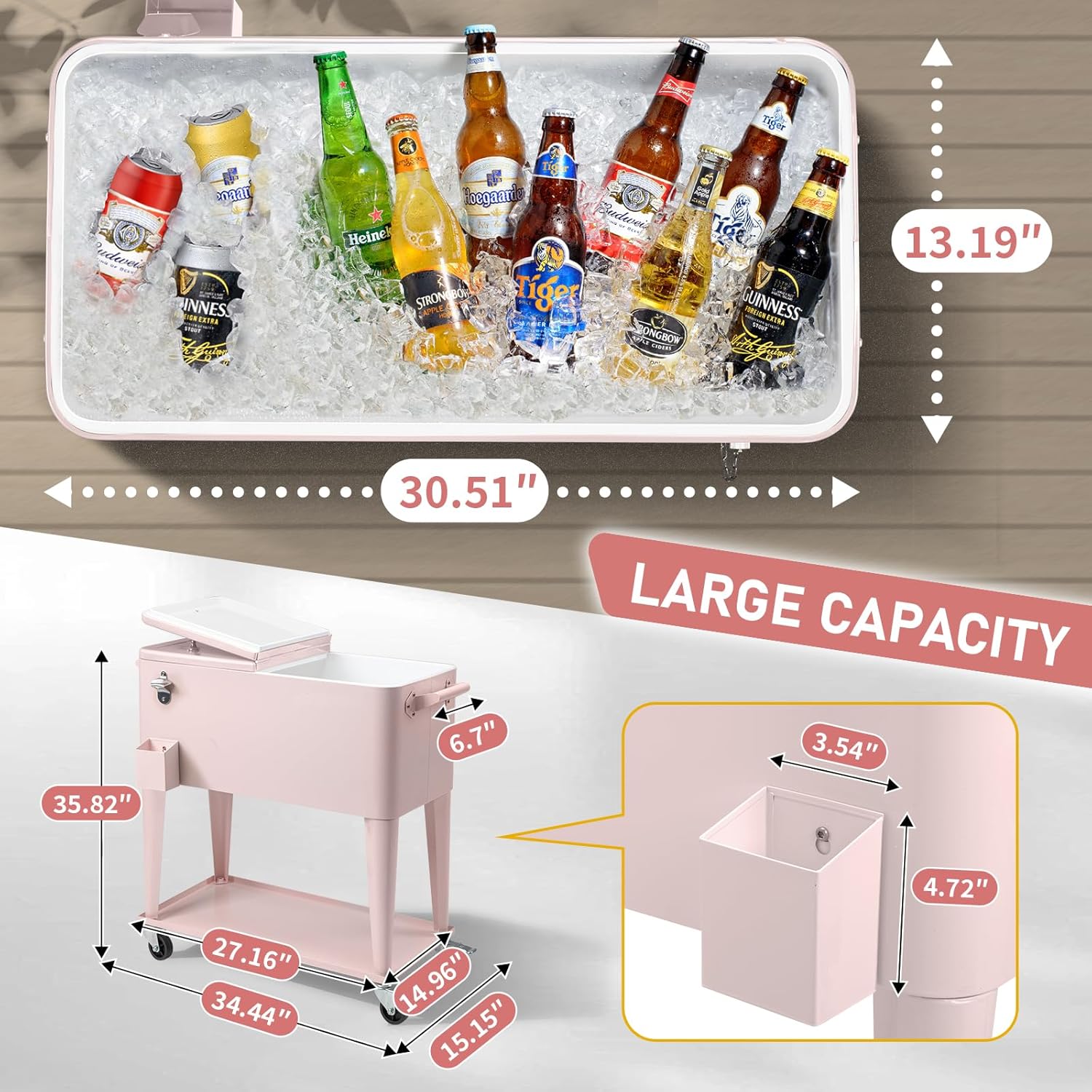 80 Quart Rolling Patio Cooler Cart Ice Chest,Large Outdoor Picnic Ice Chests,Portable Rolling Bar Drink Cooler,Outside Beverage Cooler Cart,with Wheels,for Deck Party Beach Activities